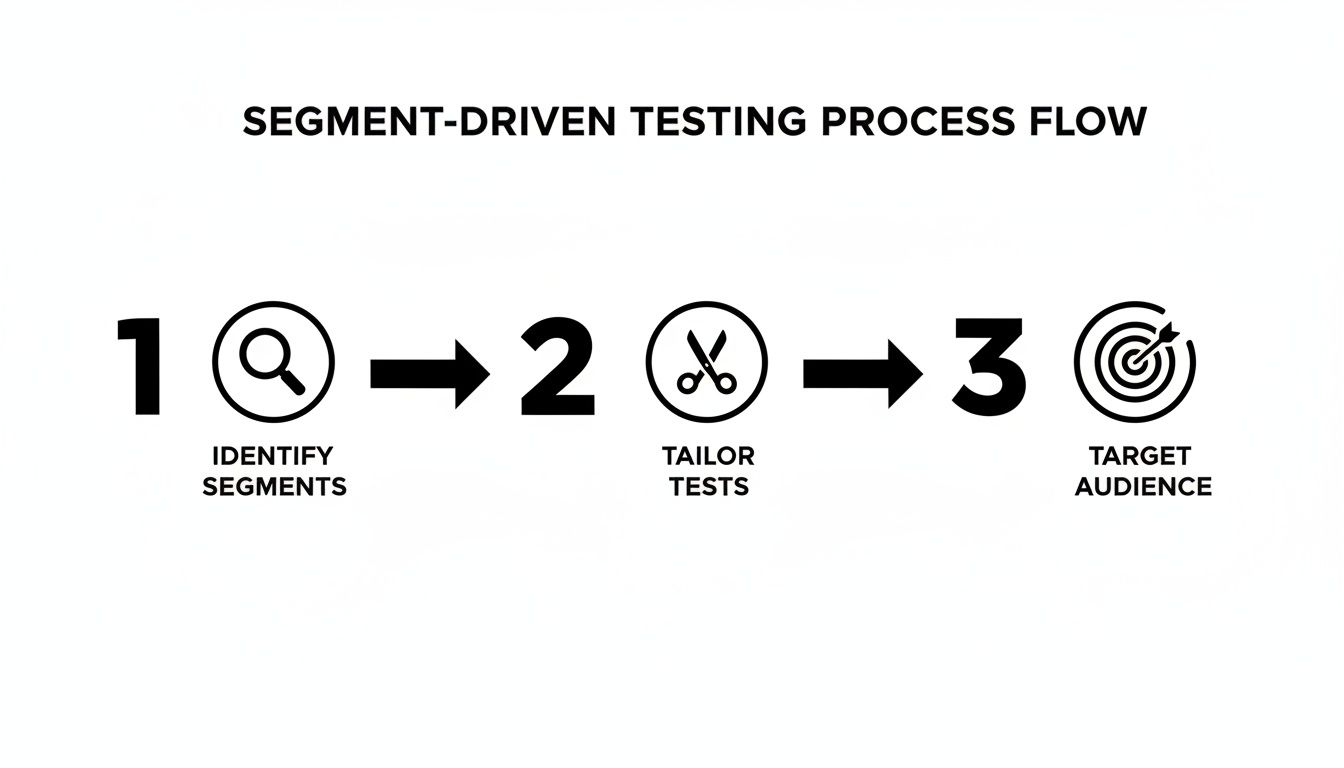 A three-step segment-driven testing process flow showing identifying segments, tailoring tests, and targeting the audience.