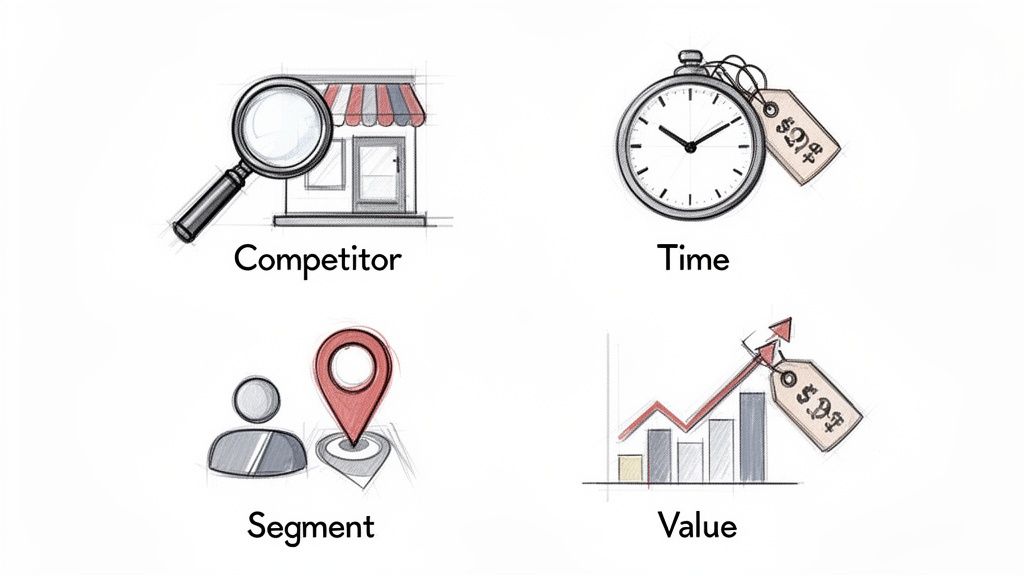 Four icons representing key pricing factors: Competitor, Time, Segment, and Value
