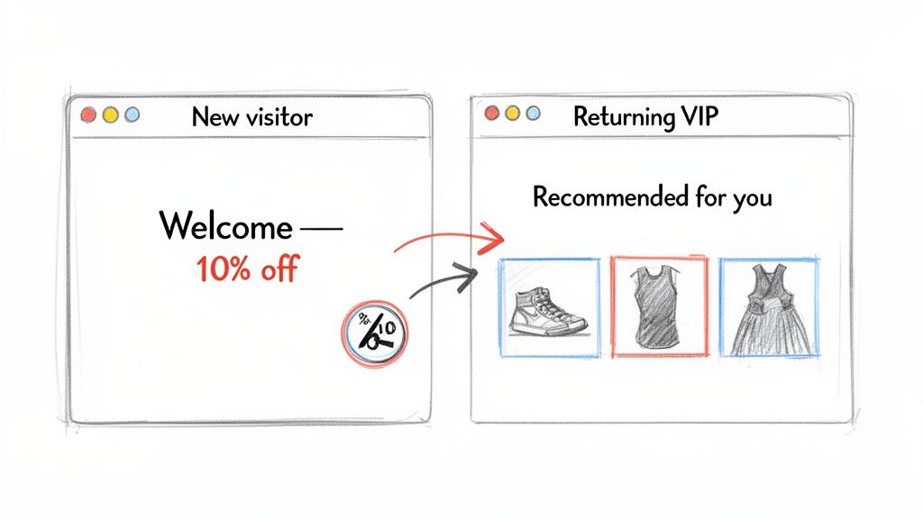 An illustration comparing an e-commerce new visitor offer (10% off) with returning VIP product recommendations.