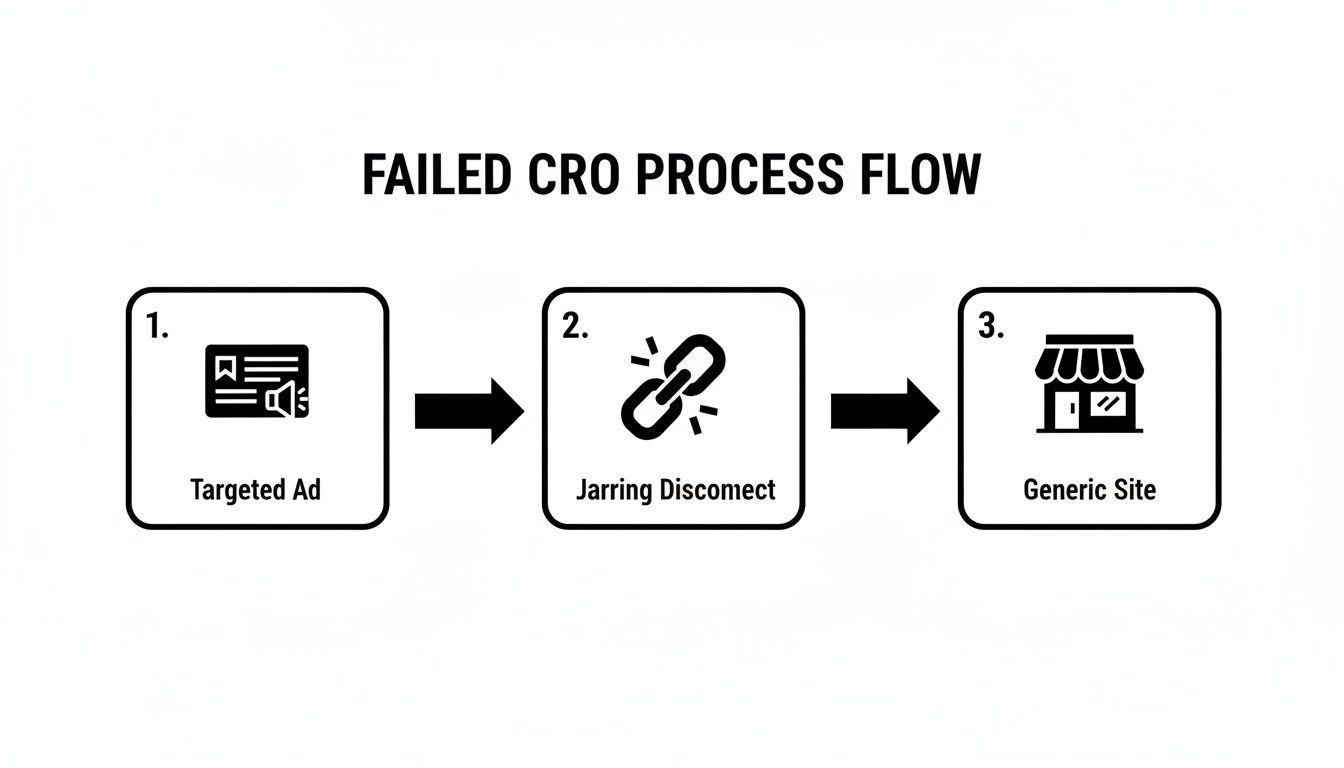 A diagram illustrating a failed CRO process: targeted ad leads to disconnect, then to a generic site that ignores the ad's promise.