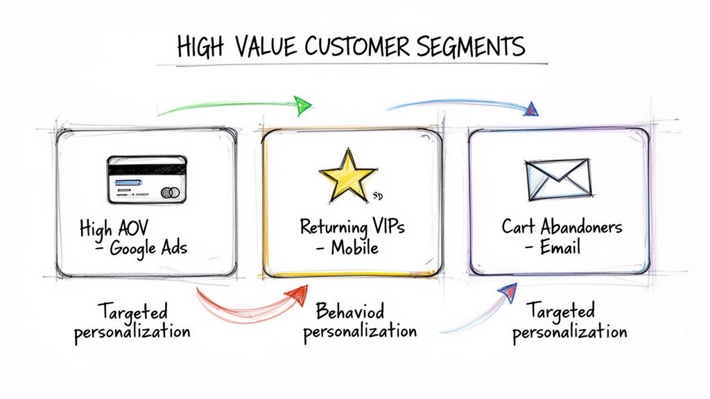 Infographic showing high-value customer segments: High AOV, Returning VIPs, and Cart Abandoners with personalization strategies.