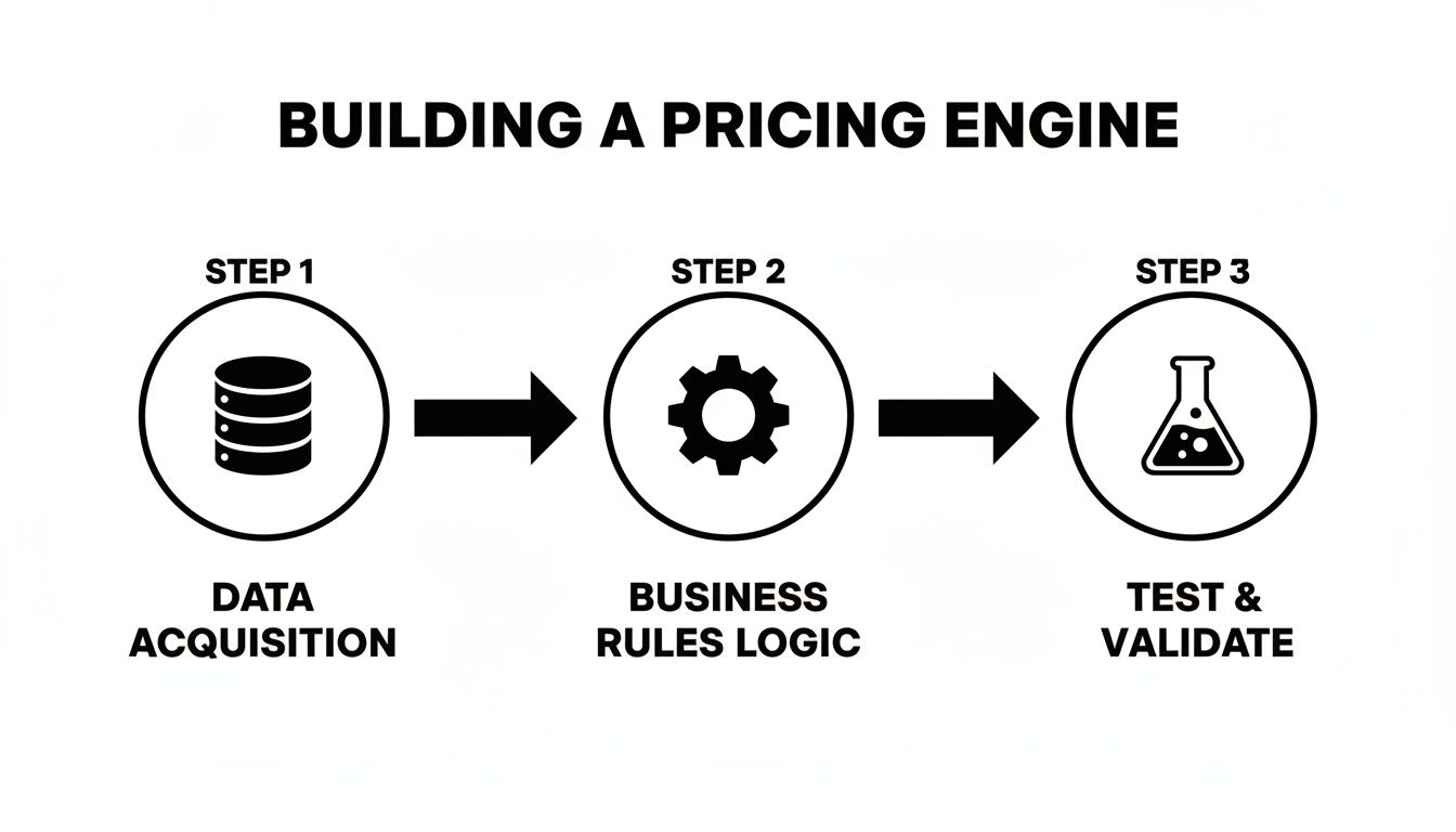 Flowchart illustrating three steps to build a pricing engine: data acquisition, business rules logic, and testing