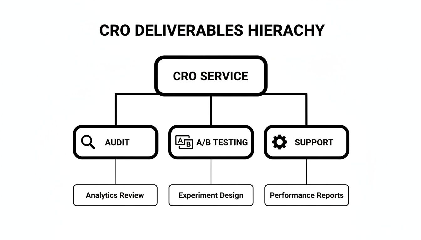Hierarchy chart displaying CRO service deliverables: Audit, A/B Testing, and Support.