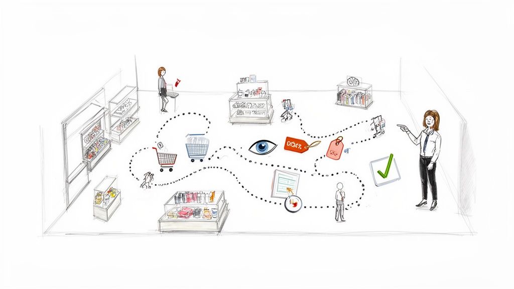 Sketch of a customer journey in a retail store with shoppers, products, and a path of interaction points.