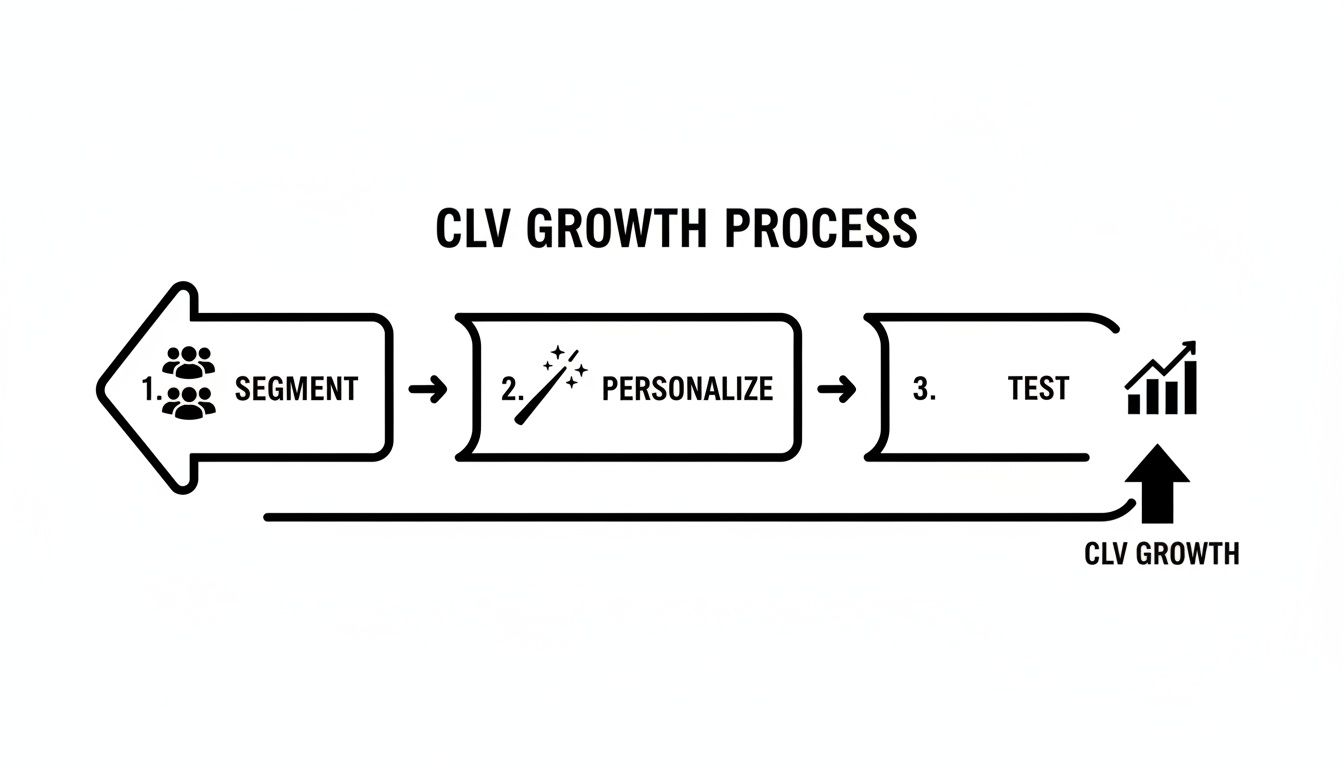 Diagram outlining the CLV Growth Process: Segment, Personalize, and Test, leading to increased Customer Lifetime Value.
