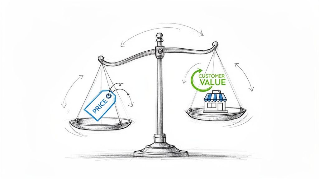 Balance scale showing price and customer value with dynamic interaction