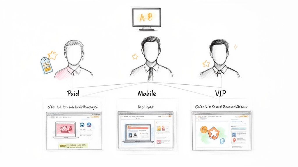 Diagram showing A/B testing to personalize website experiences for Paid, Mobile, and VIP user segments.