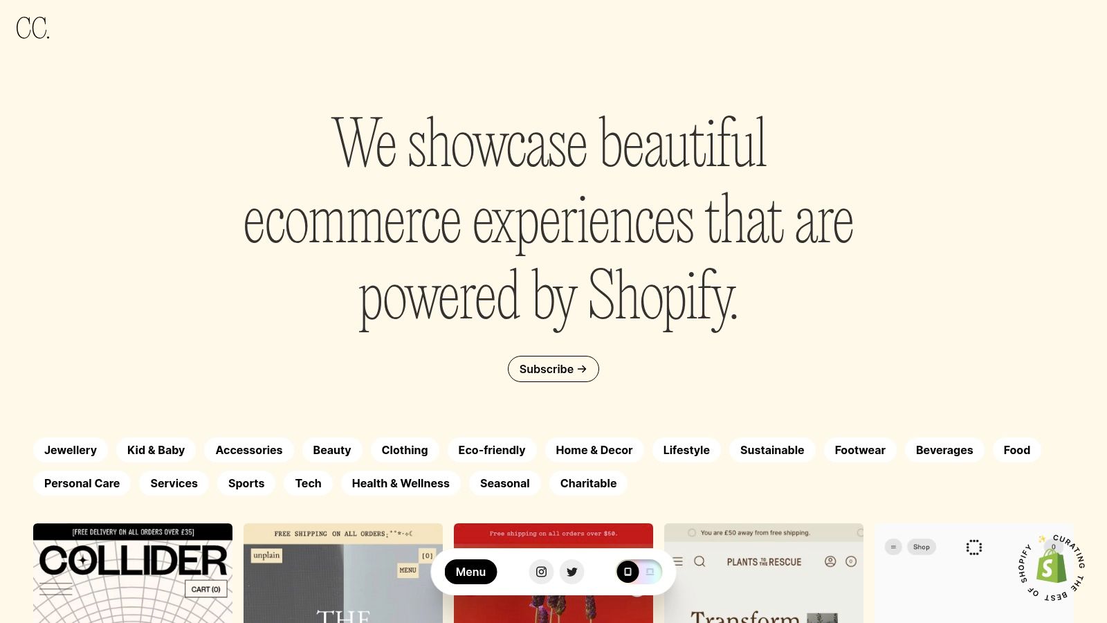 Commerce Cream homepage featuring a gallery of ecommerce websites.