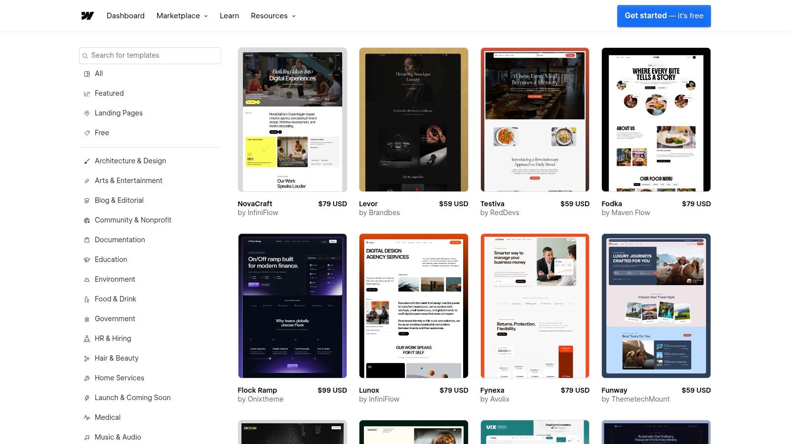 Webflow Templates ecommerce category showing various modern website designs.