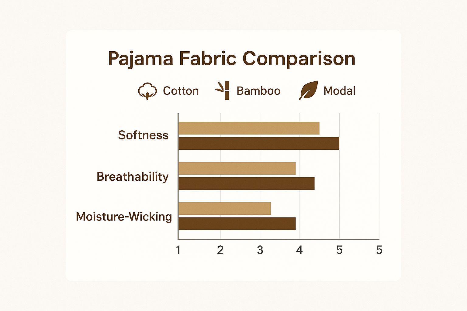 Infographic comparing the softness, breathability, and moisture-wicking properties of Cotton, Bamboo, and Modal for cute plus size pajamas.