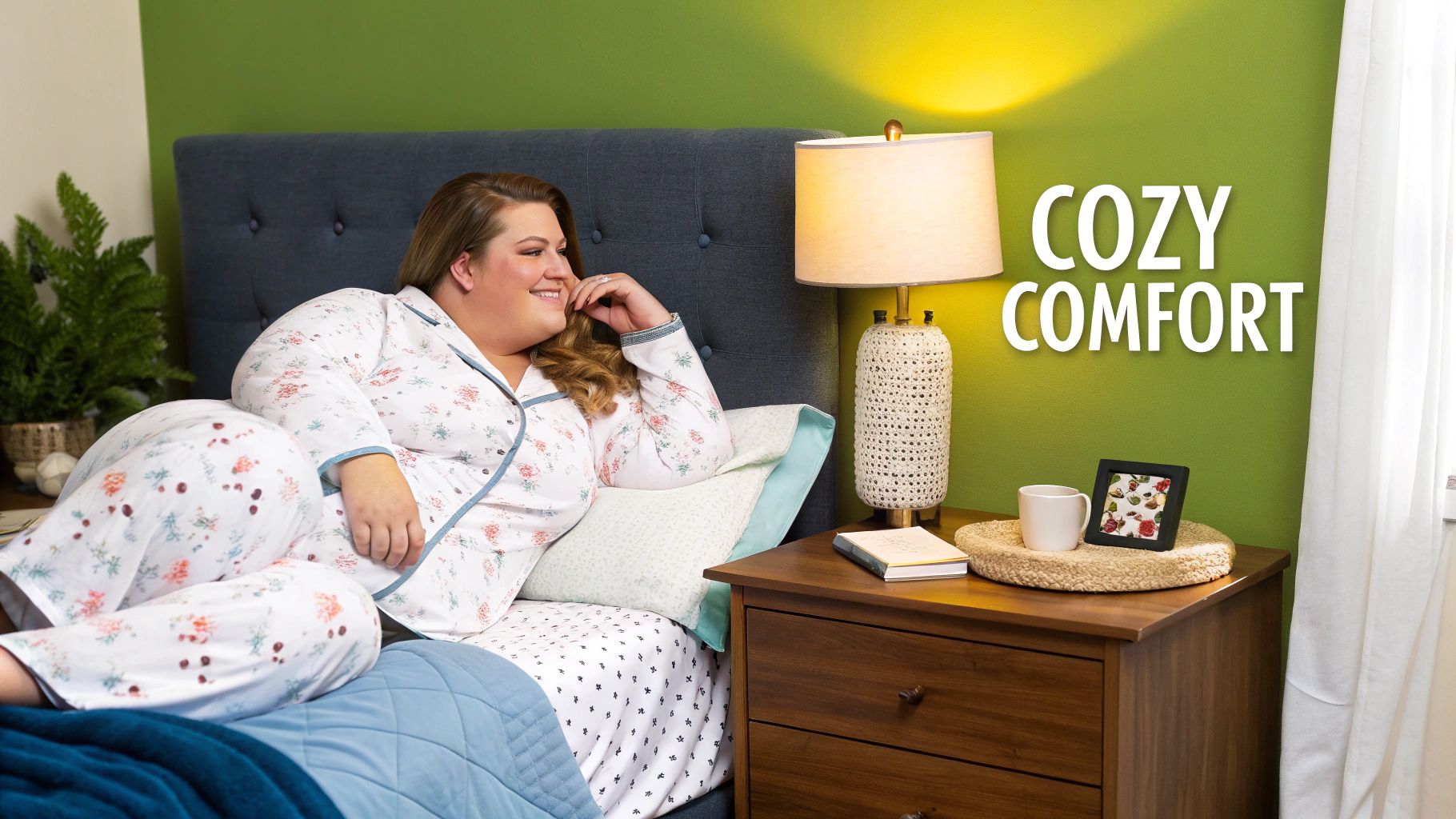 A smiling woman in cute plus size pajamas sitting comfortably on her bed.