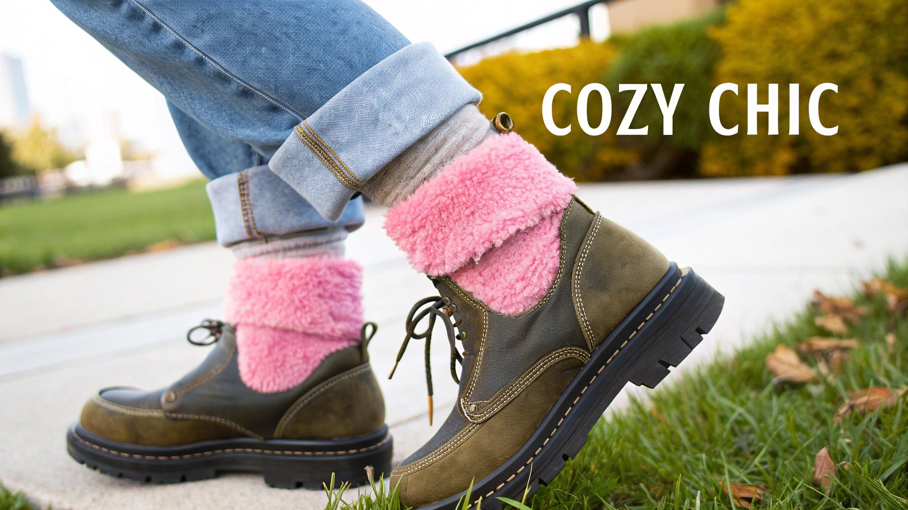 A person showing off their pink fluffy socks styled with boots.