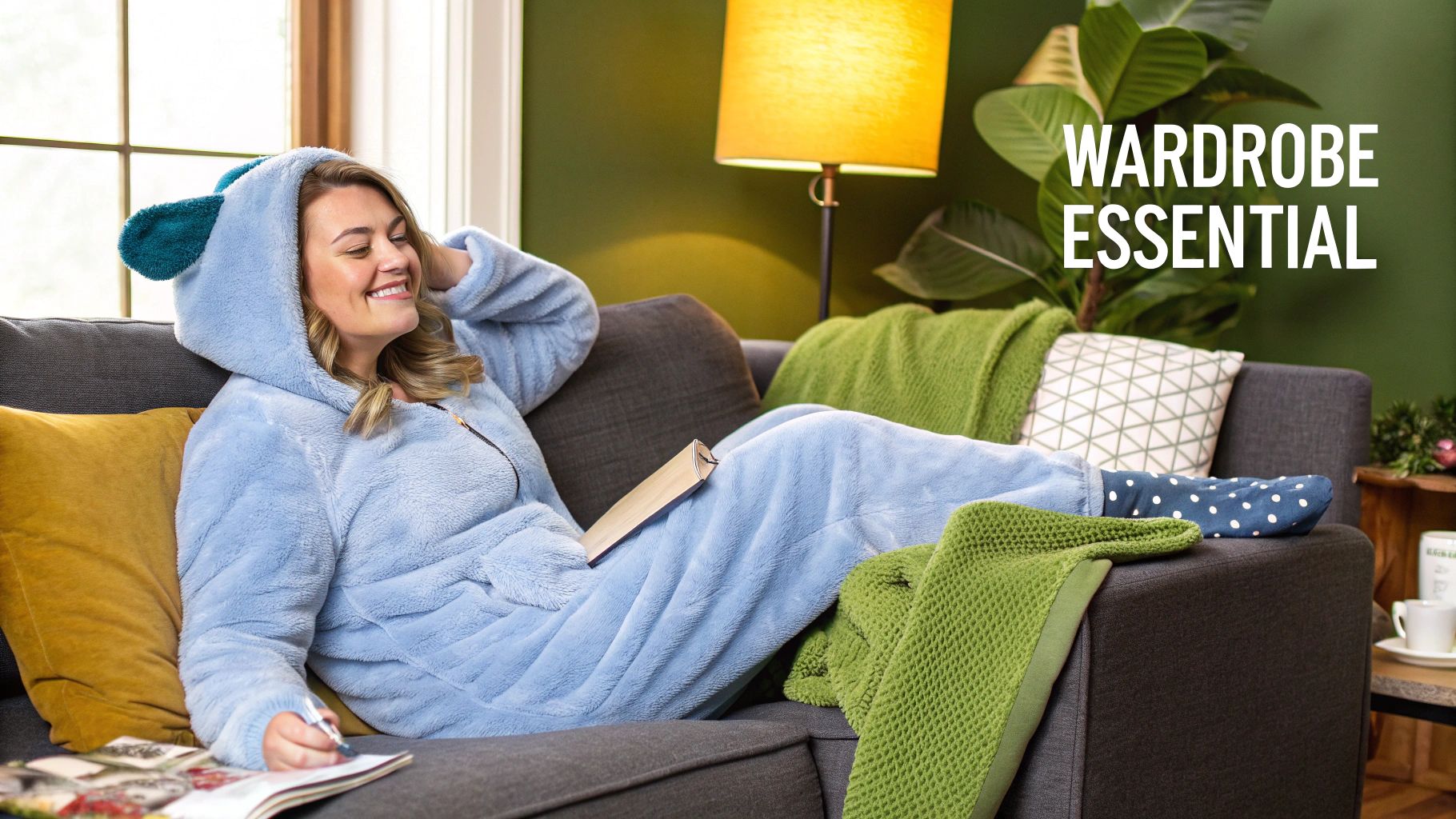 A woman smiling and relaxing at home in a cozy grey fleece onesie.