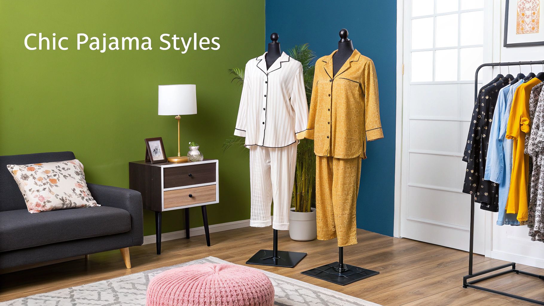 Woman in a cozy button-down pajama set relaxing on a couch.