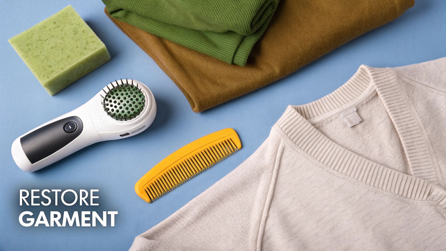 A person de-pilling a gray sweater with an electric fabric shaver
