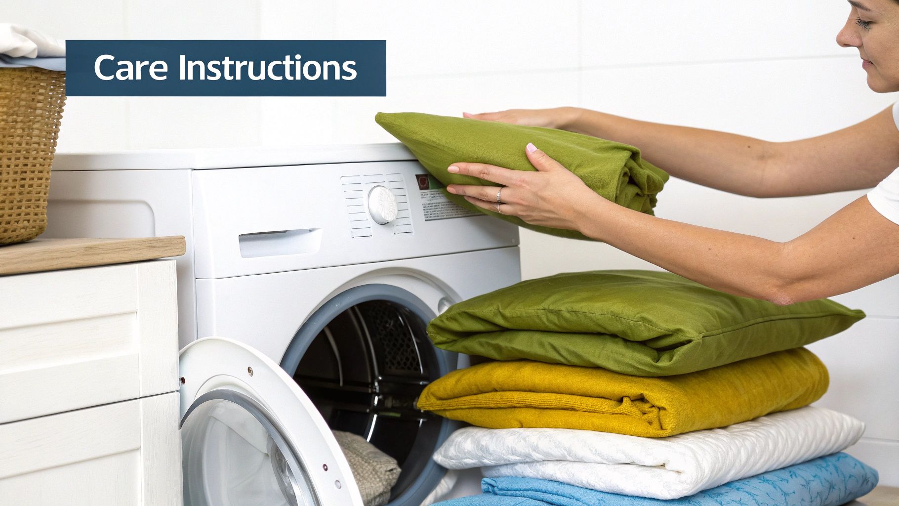 A person carefully folding a clean, white pillow case.