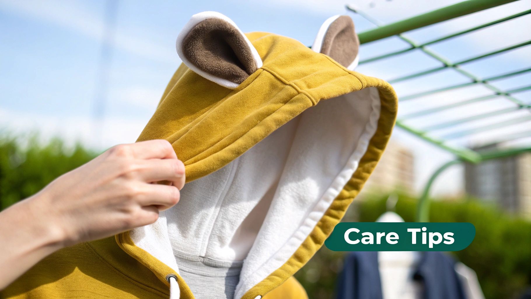 A man in a well-maintained hoodie with ears hanging it up to dry.