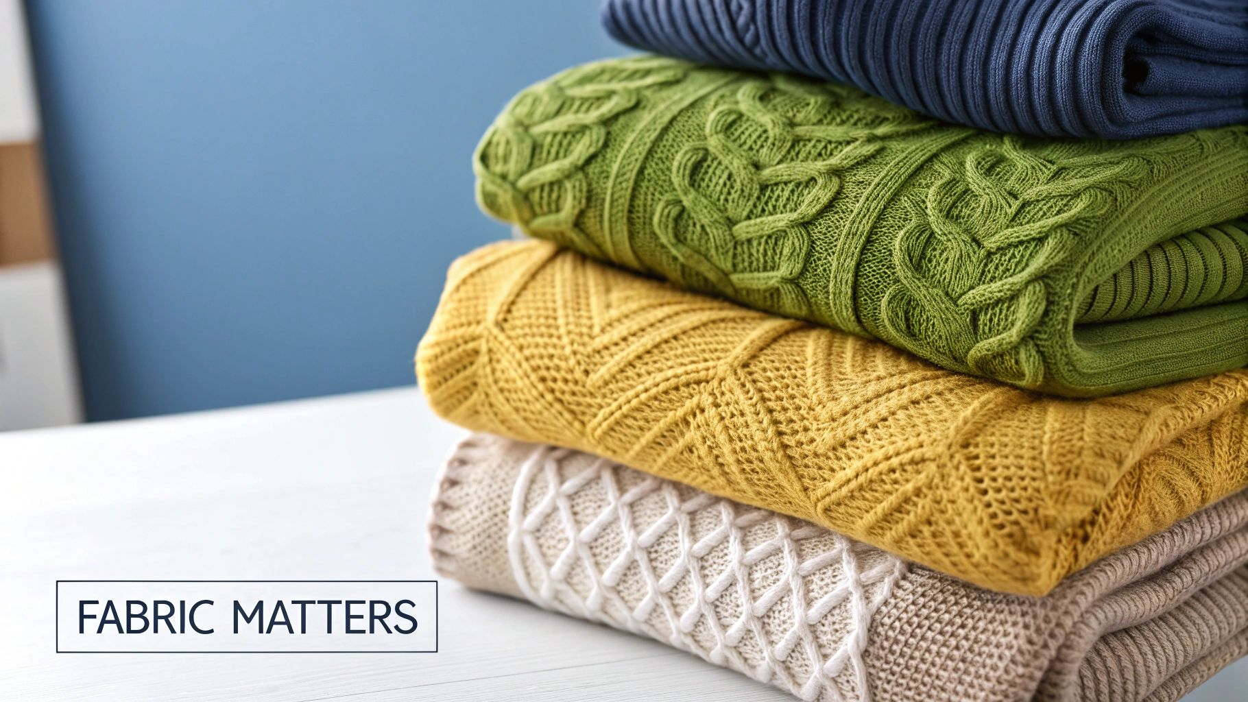 Person closely examining the fabric of a sweater