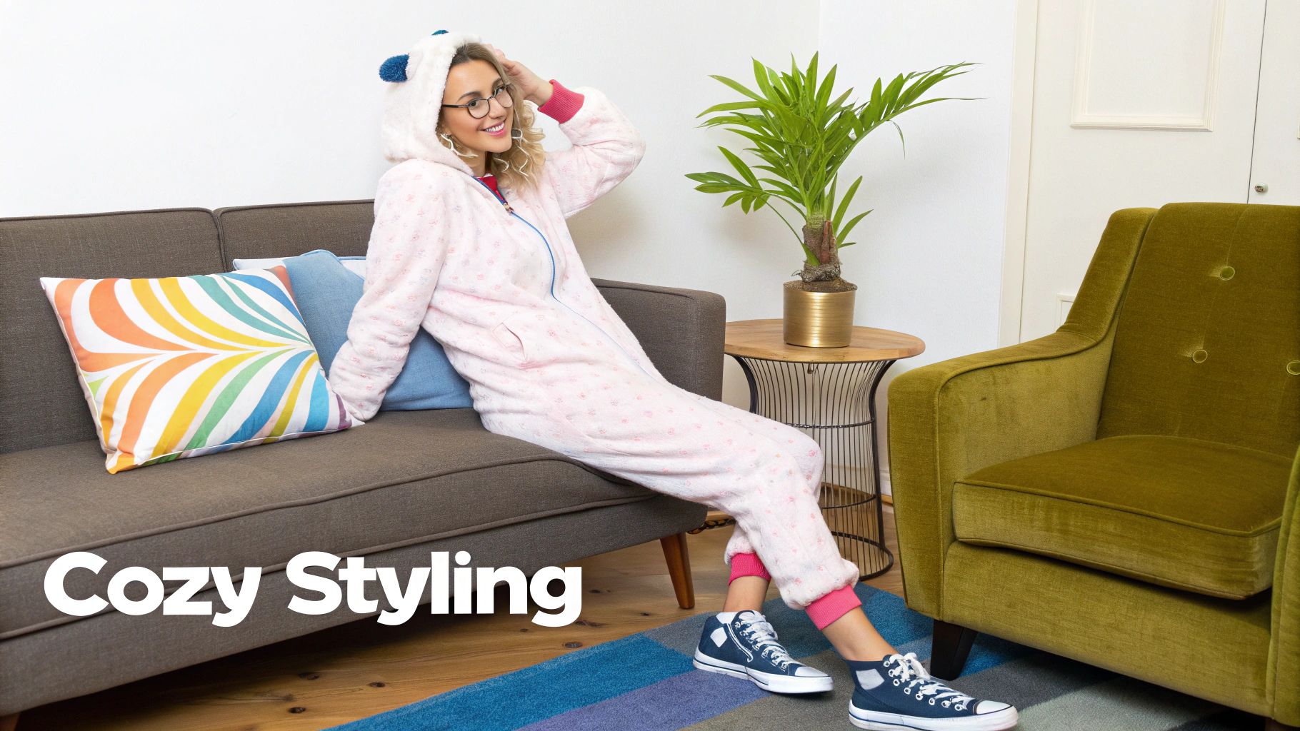 A woman happily styling her fleece onesie for a fun, casual occasion.