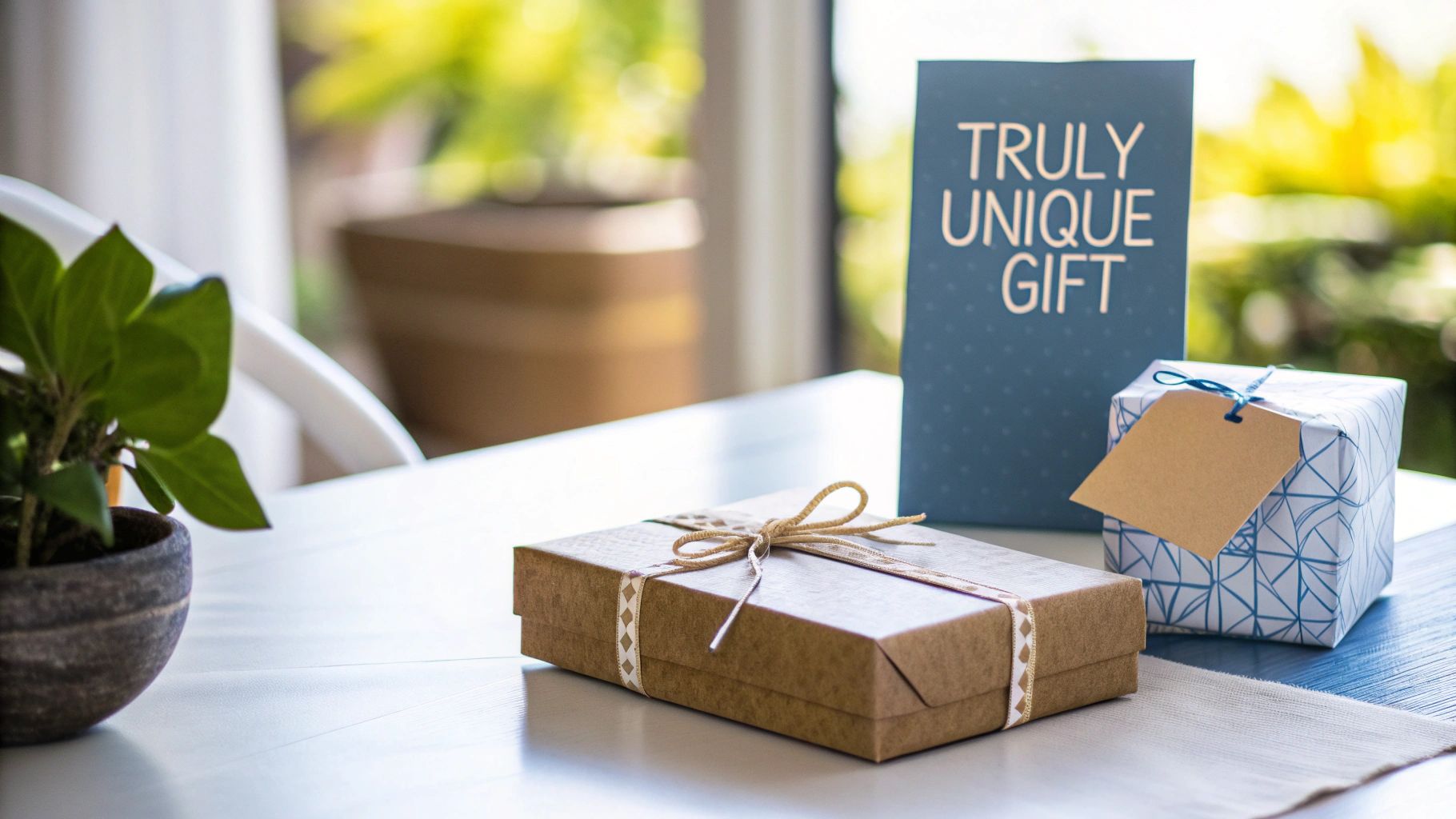 A woman smiling as she opens a beautifully wrapped birthday gift.