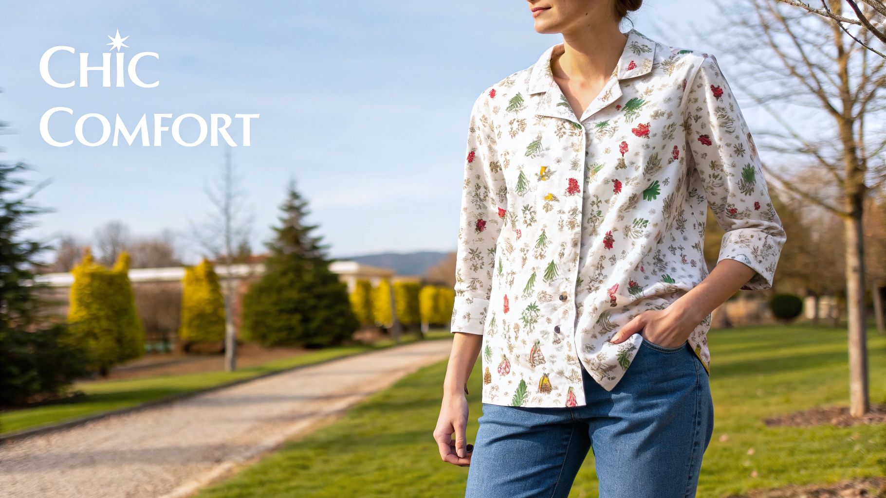 A woman confidently wears a TeddyPaws pajama top styled with jeans for a casual outing.