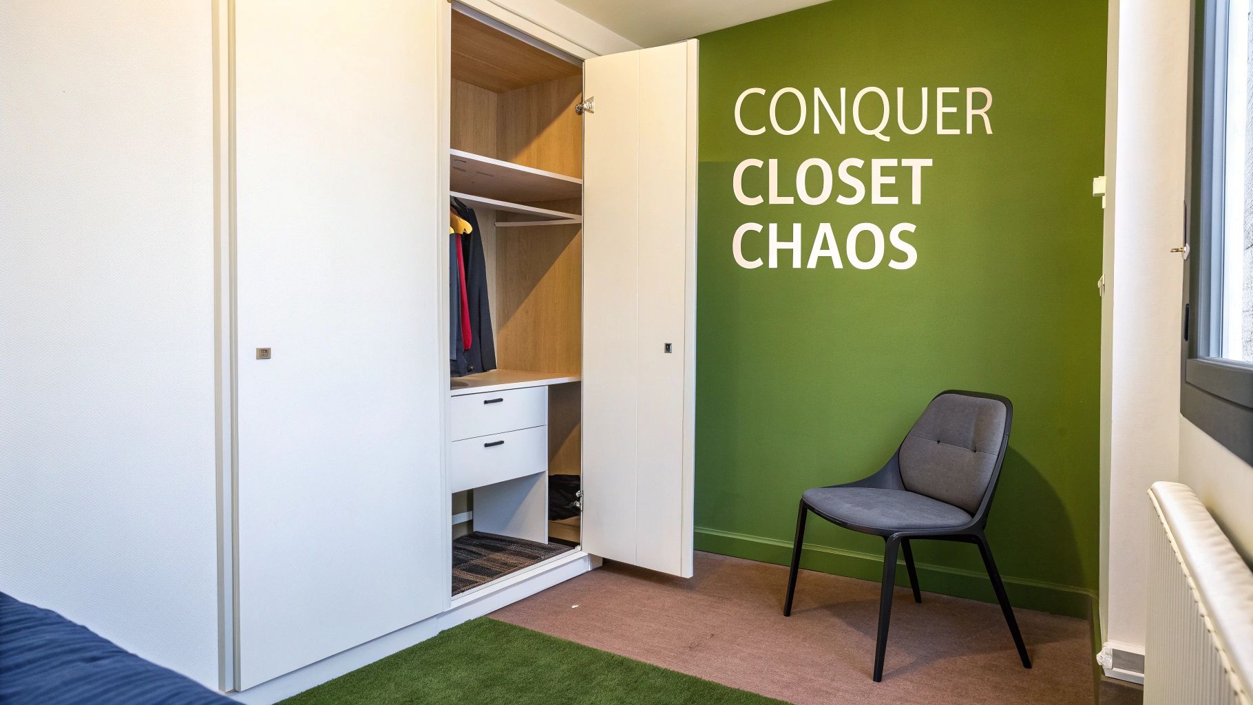 An organized closet in a small space with neatly folded clothes and storage bins.