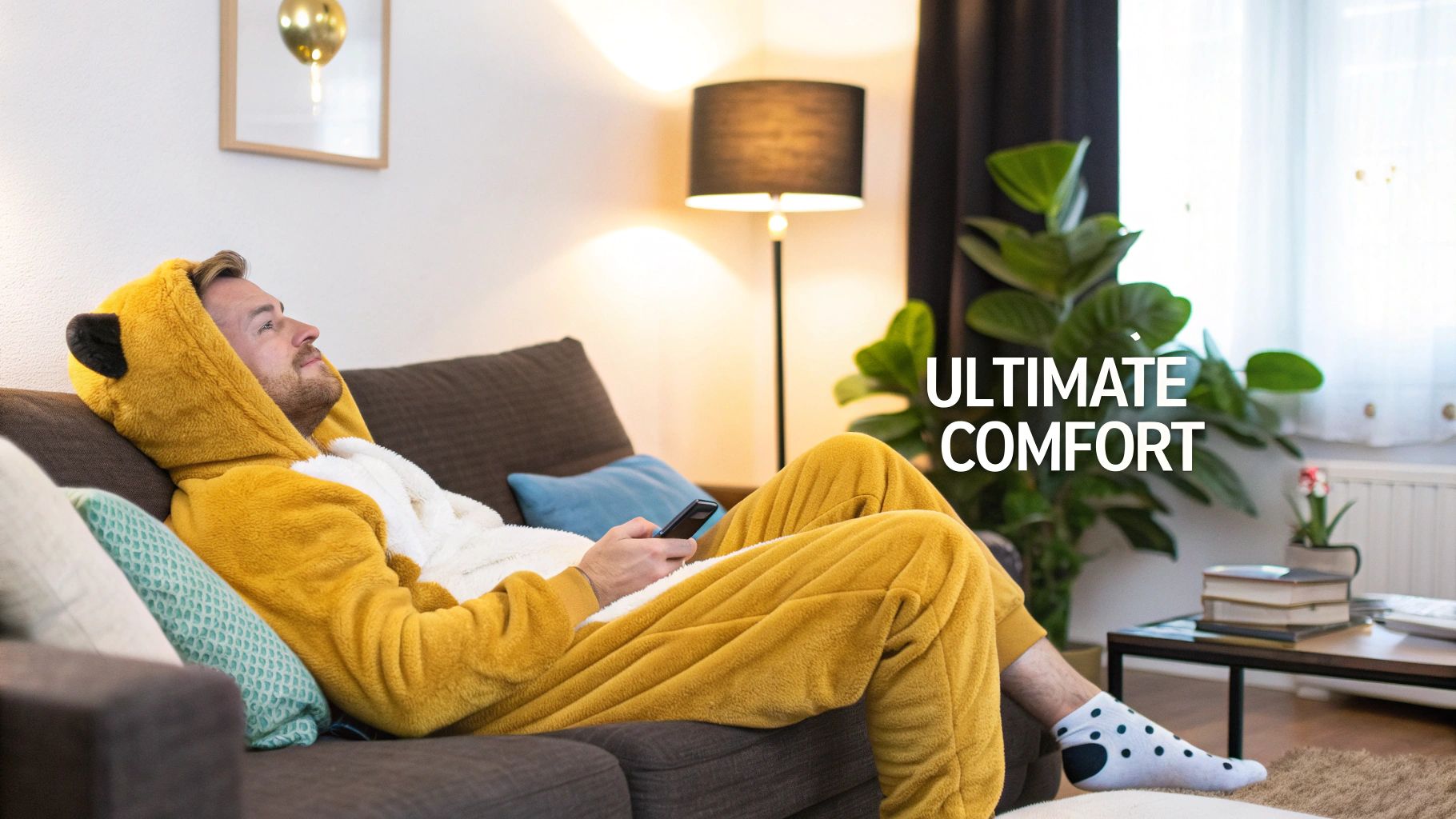 Man wearing a brown bear mens onesie while sitting on a couch.