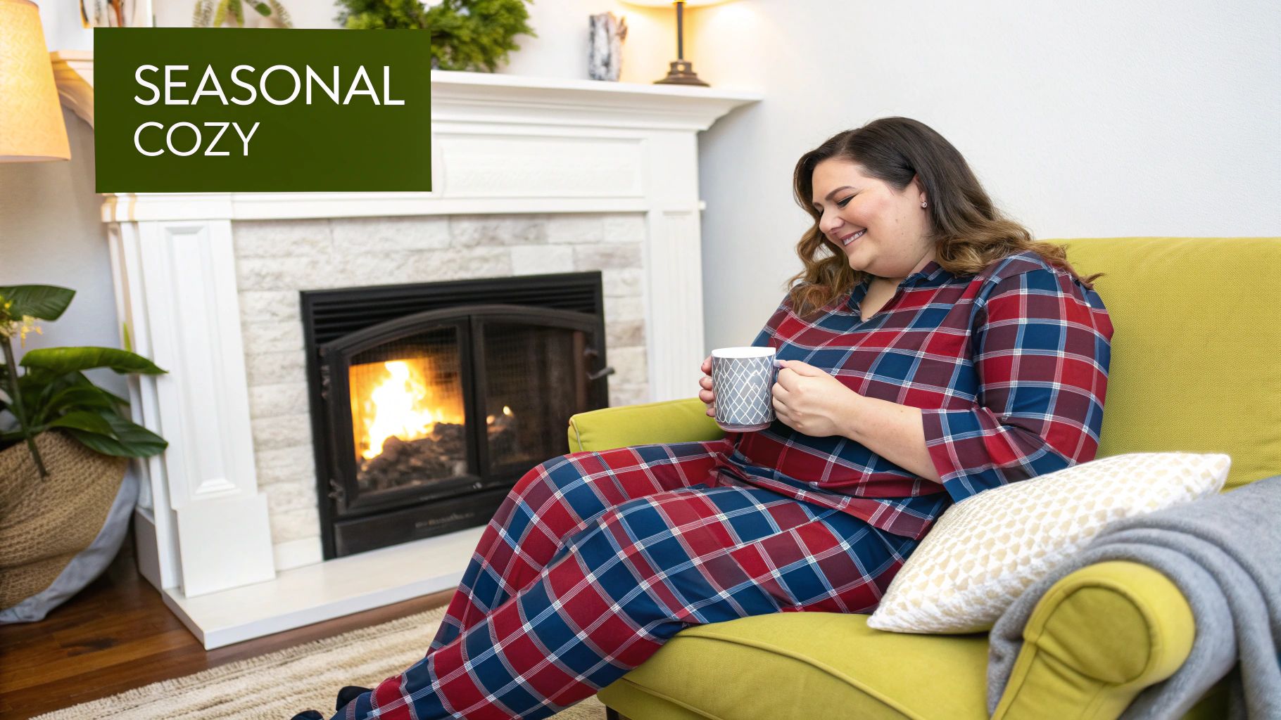 A smiling woman in cute plus size pajamas lying on a couch and reading a book.