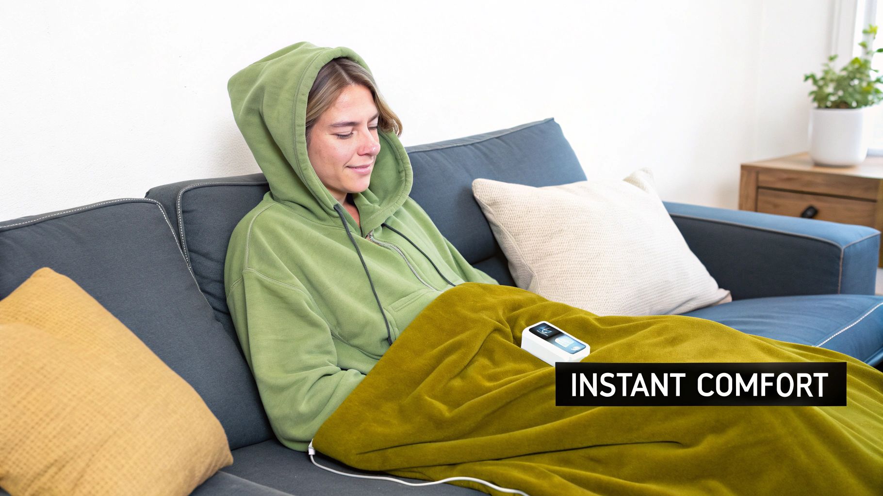 A person comfortably wearing a fluffy heated hoodie blanket while relaxing.
