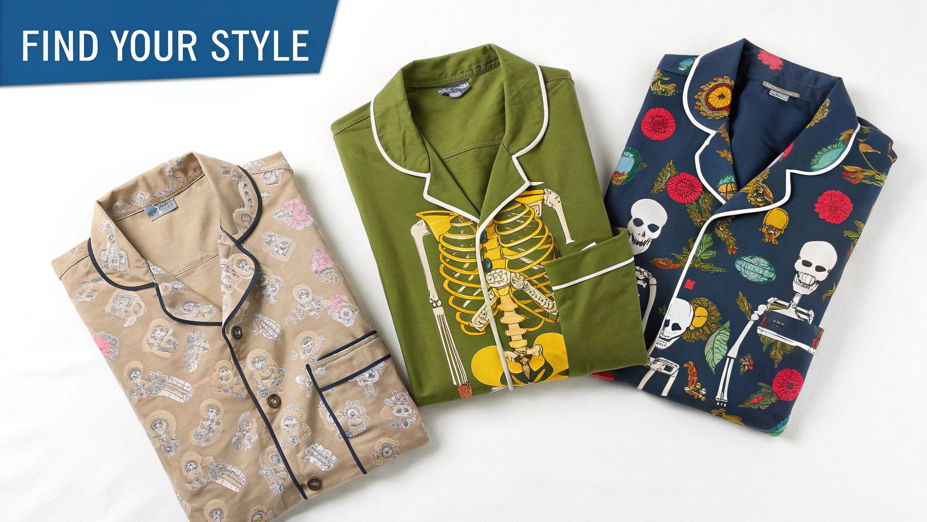 A man wearing a black and white skeleton pajama set, posing playfully.