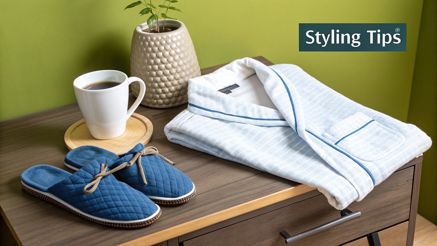 Woman wearing a cozy pajama set while drinking from a mug.