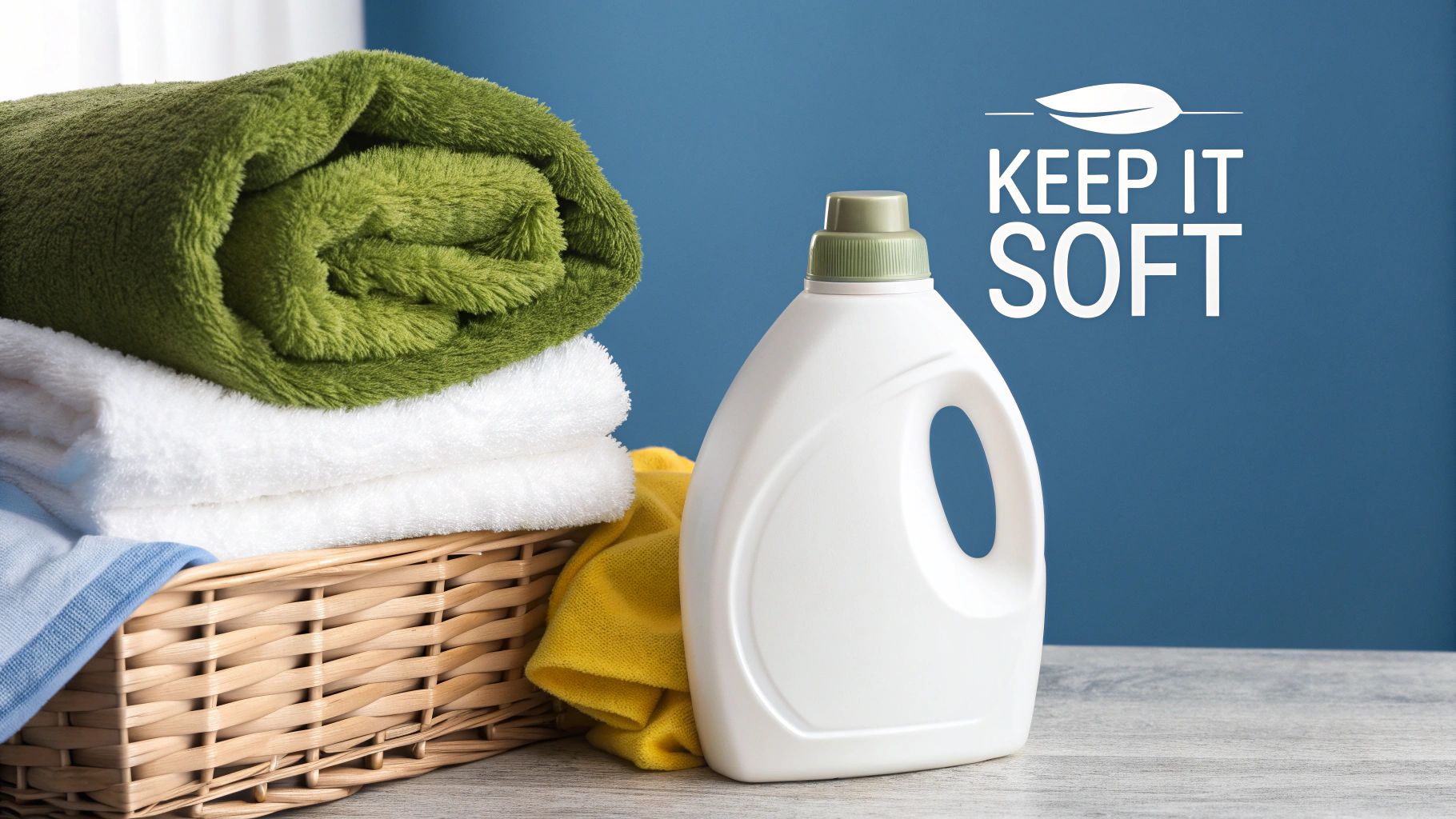 A neatly folded plush robe next to laundry items.