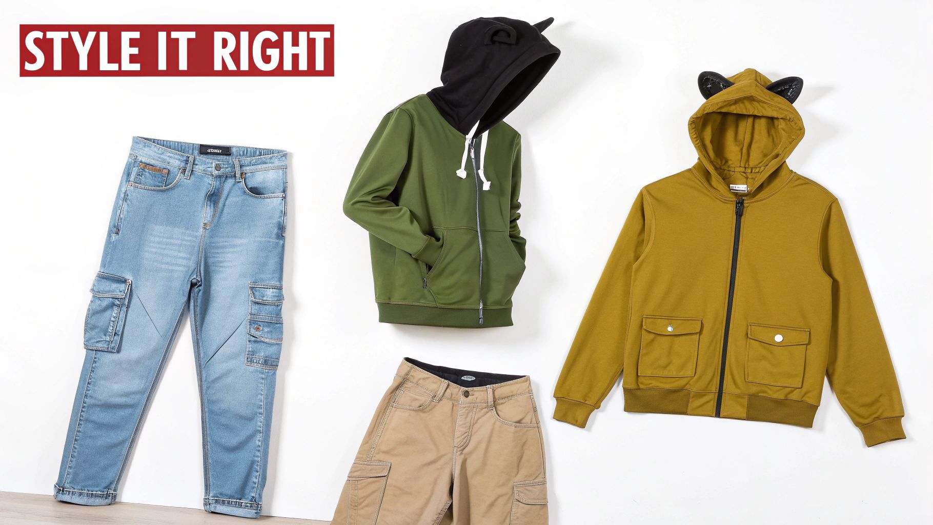 A man wearing a black hoodie with ears, looking stylish against an urban backdrop.