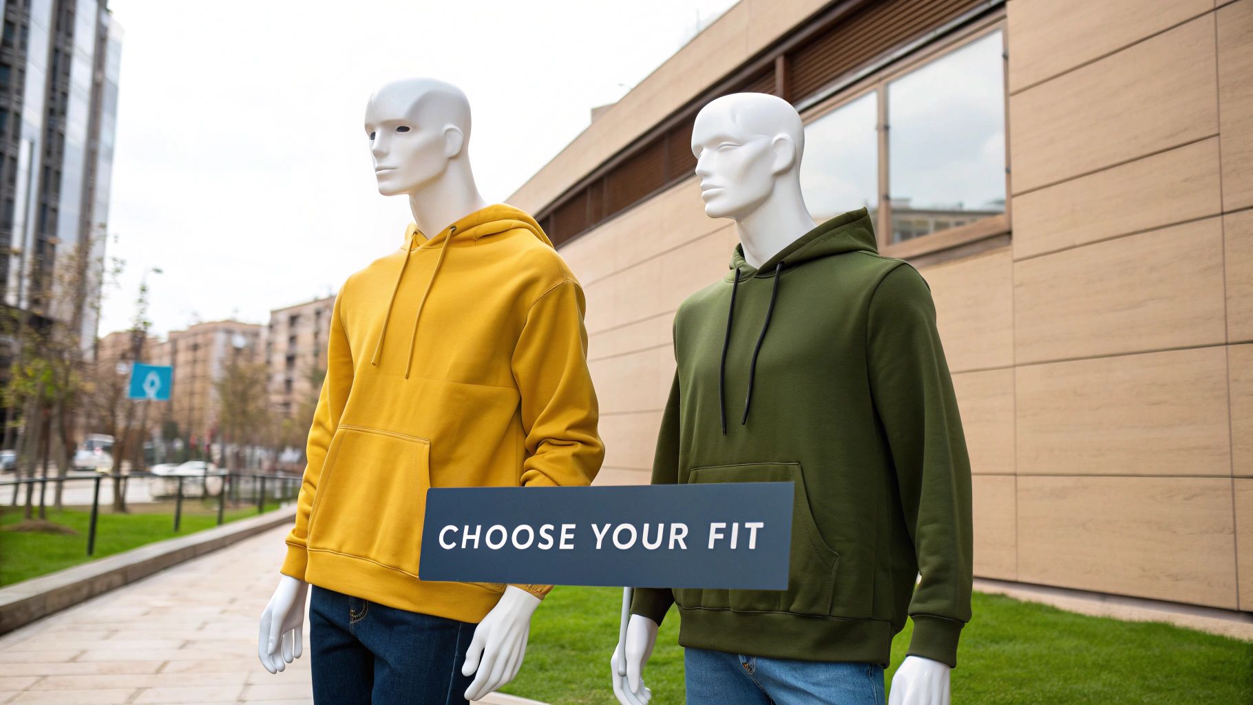 A person choosing between different colored hoodies on a rack