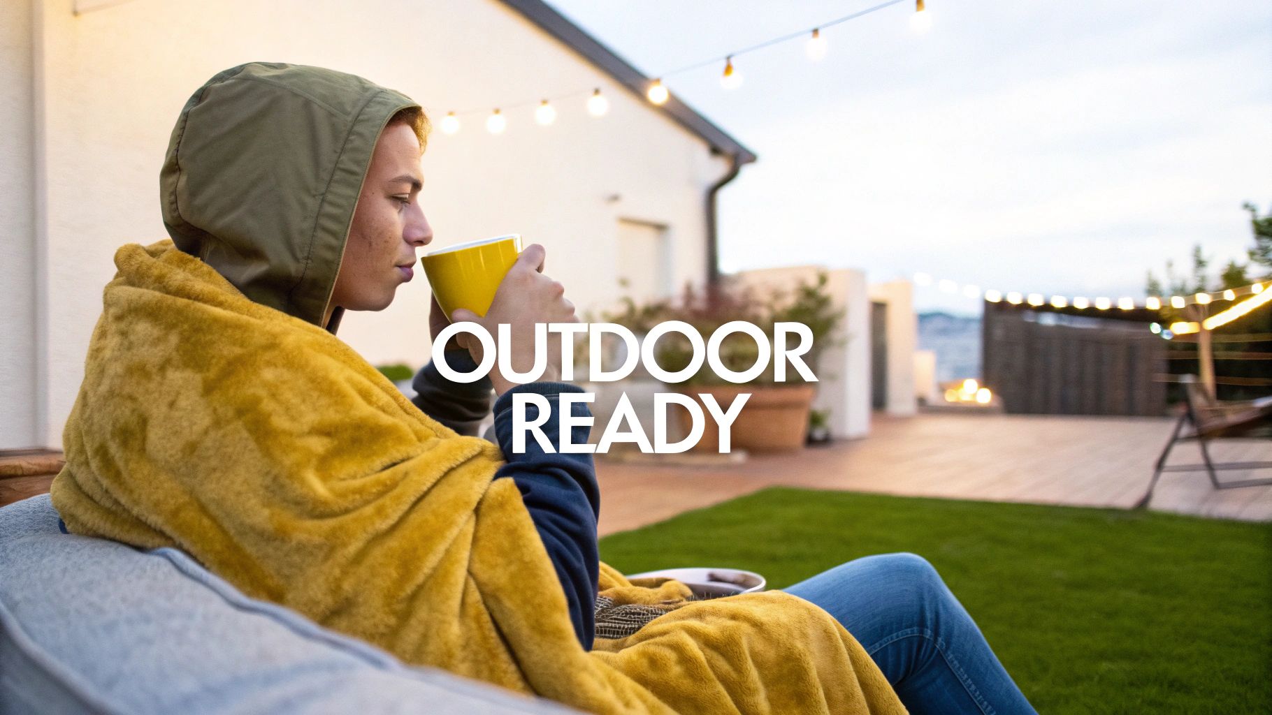 A person smiling while wearing a heated hoodie blanket in an outdoor setting.