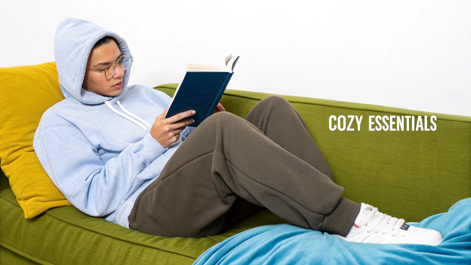A woman looking chic and comfortable in a stylish loungewear set at home.
