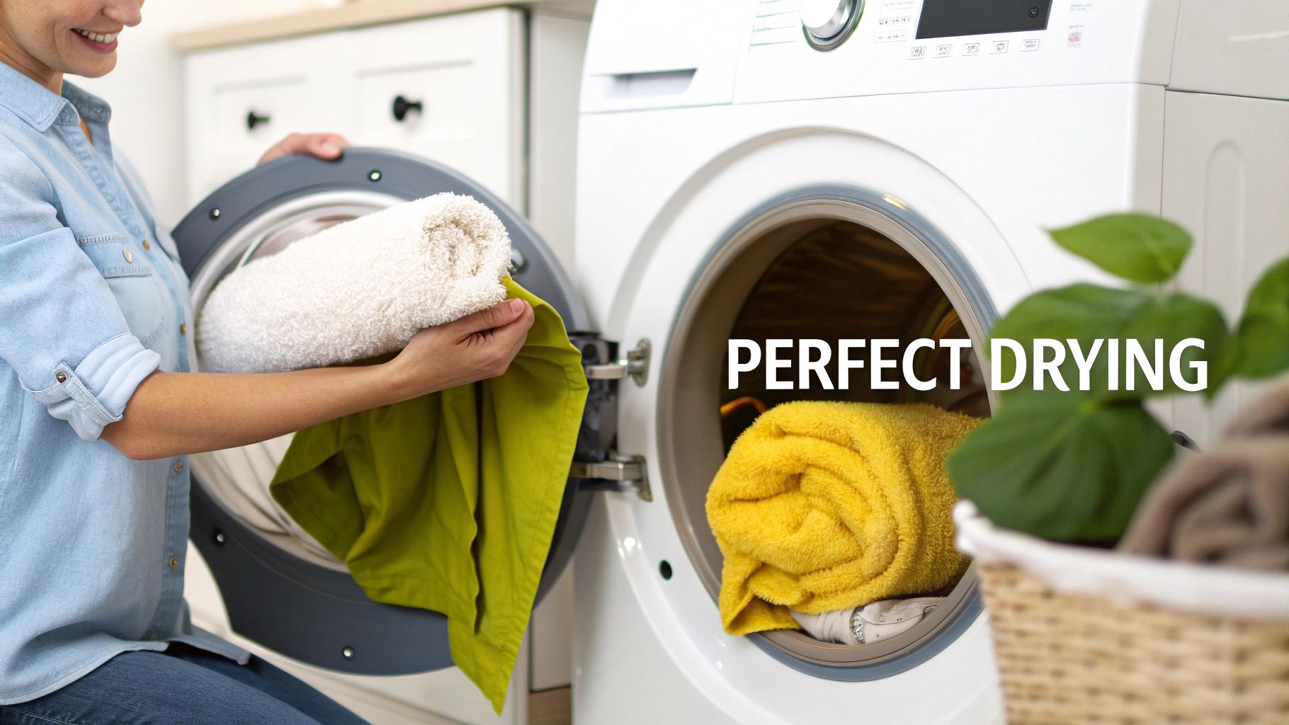 Person using a dryer with a wool dryer ball