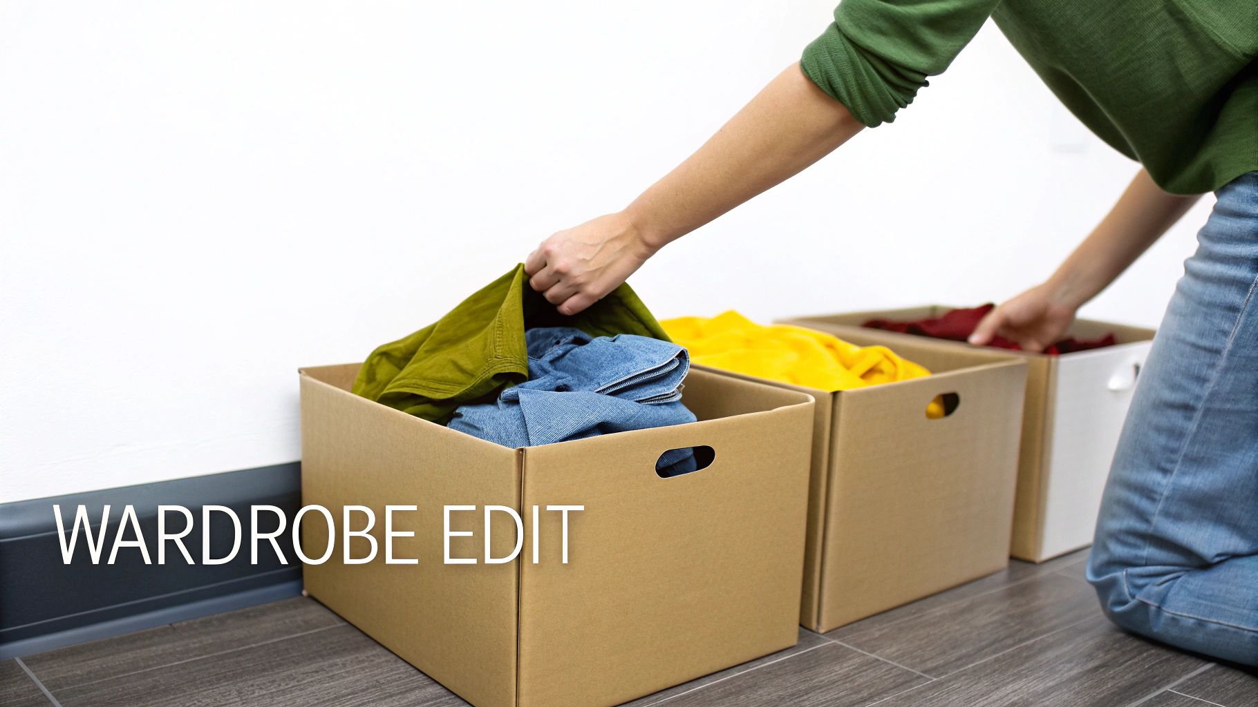 Person sorting clothes into different piles on the floor.