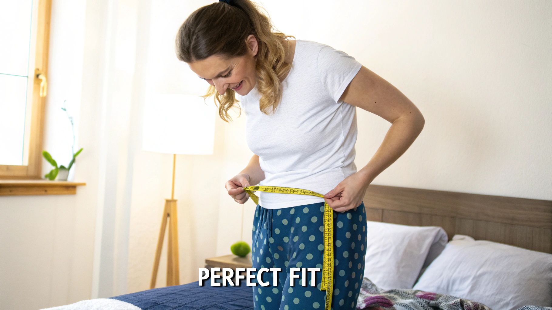 Woman relaxing in comfortable pajamas on her bed