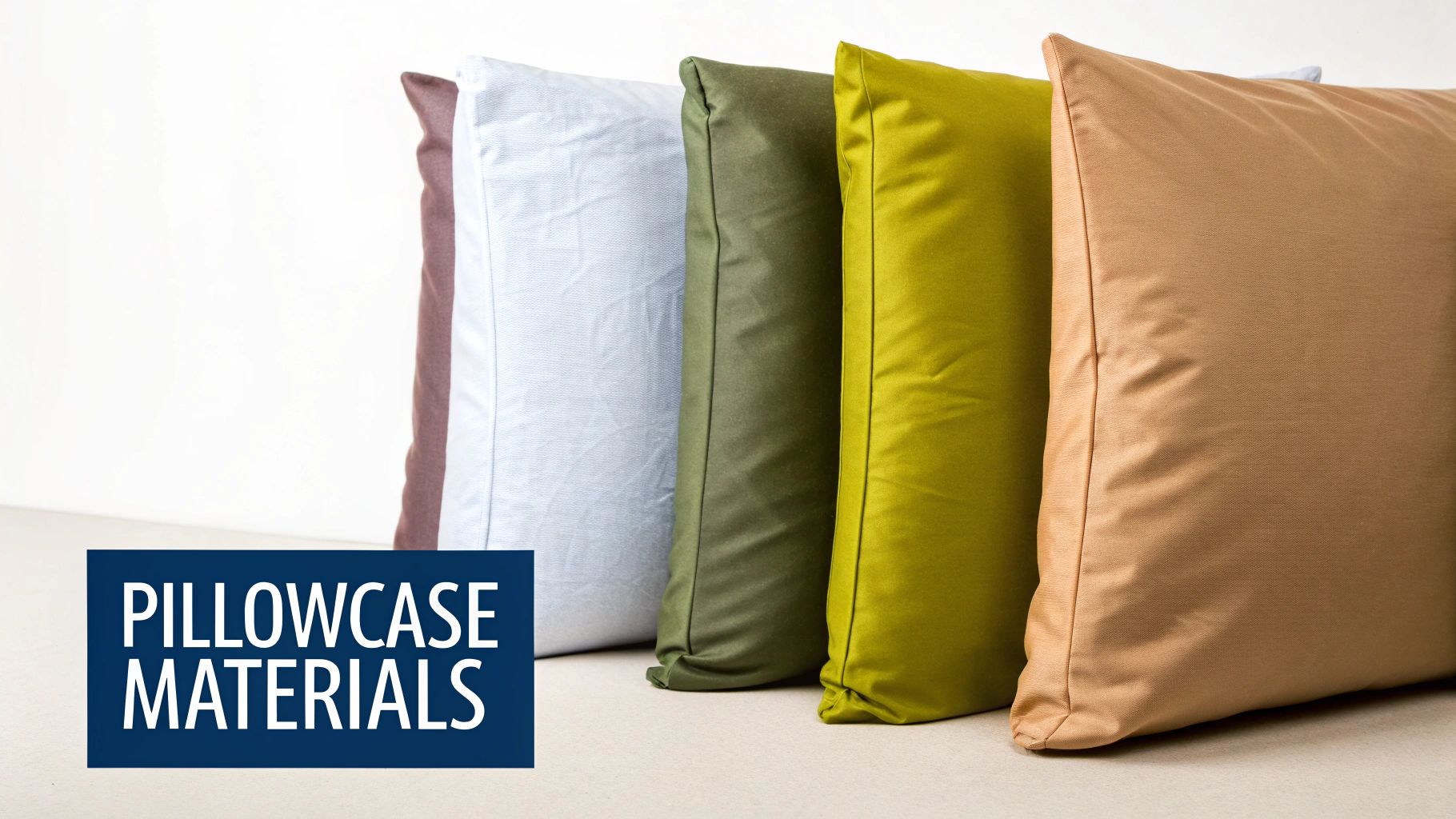 A stack of neatly folded pillow cases in various materials and neutral colors.