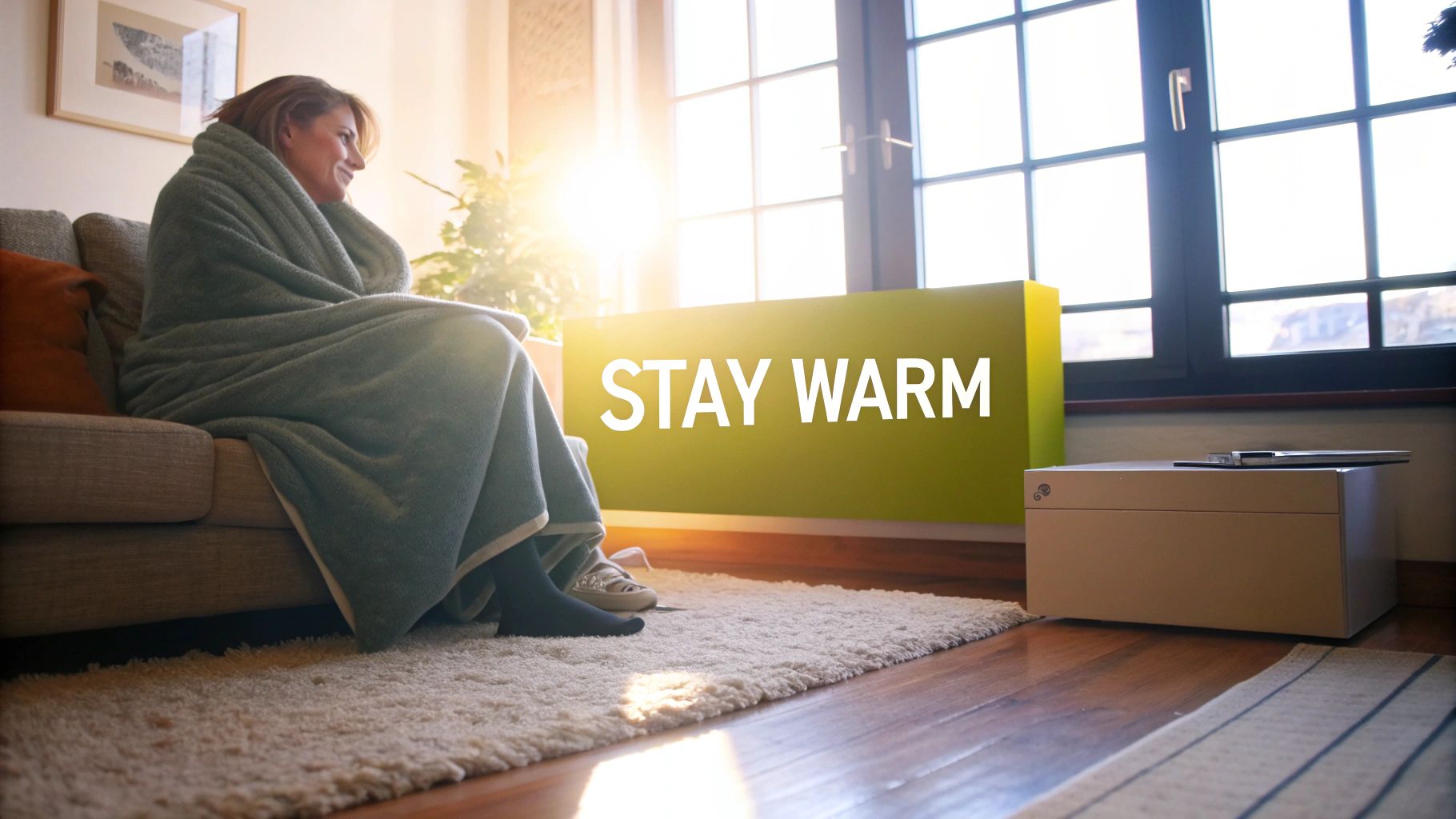 A person wrapped in a cozy blanket sipping a hot drink in a warm, comfortable living room.