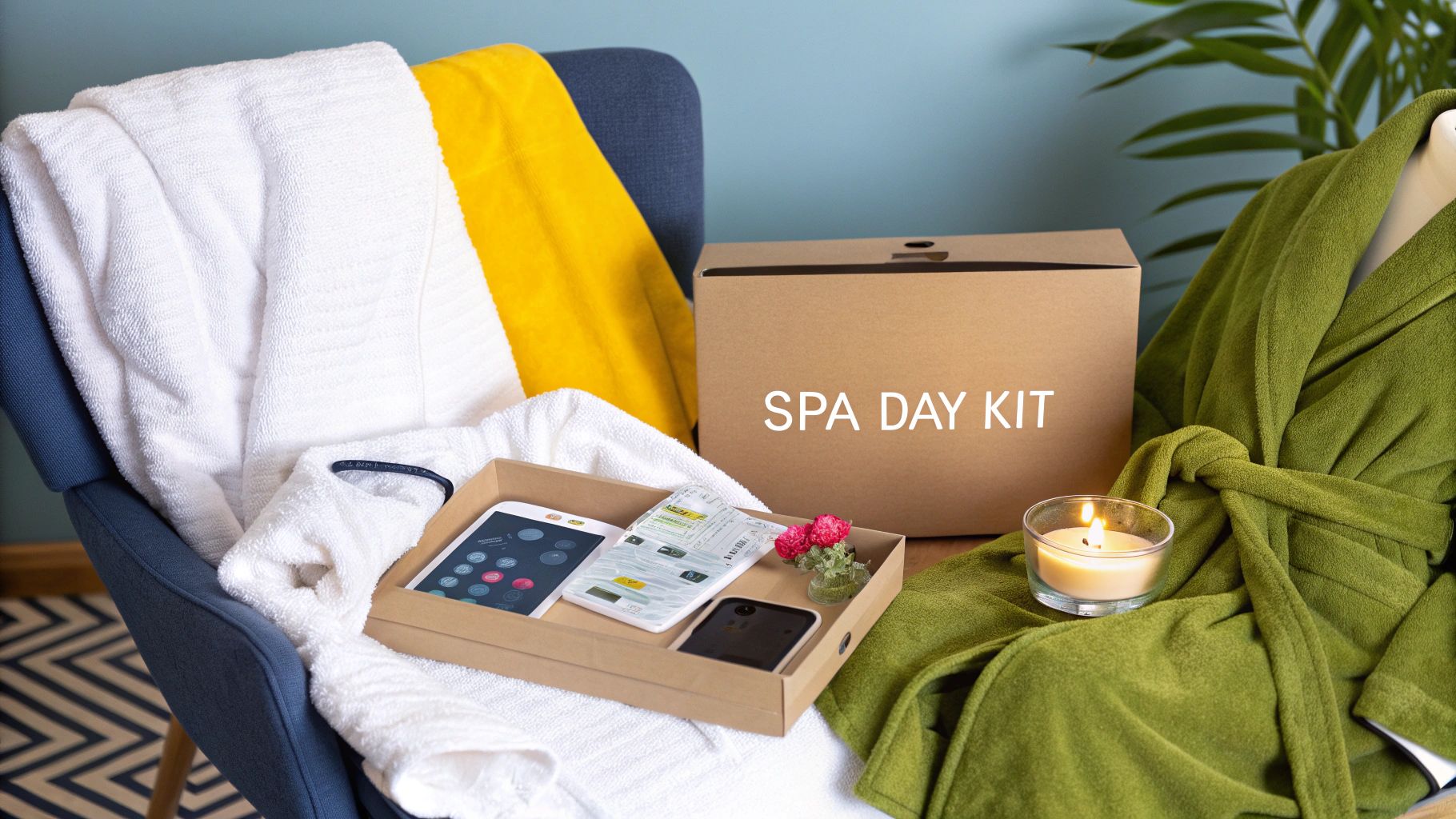 A cozy setting with a plush robe, scented candles, and a book, representing a complete relaxation gift experience.