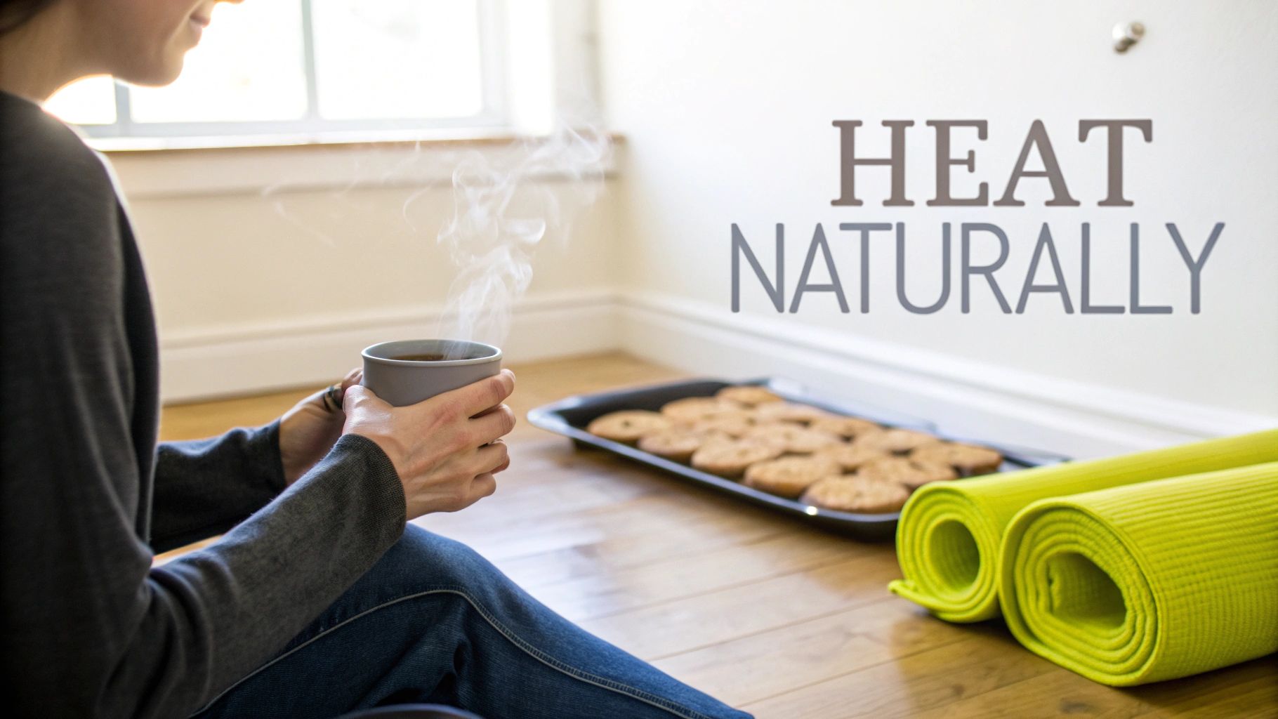A kitchen scene with a slow cooker on the counter, emitting steam, and a person holding a warm mug.
