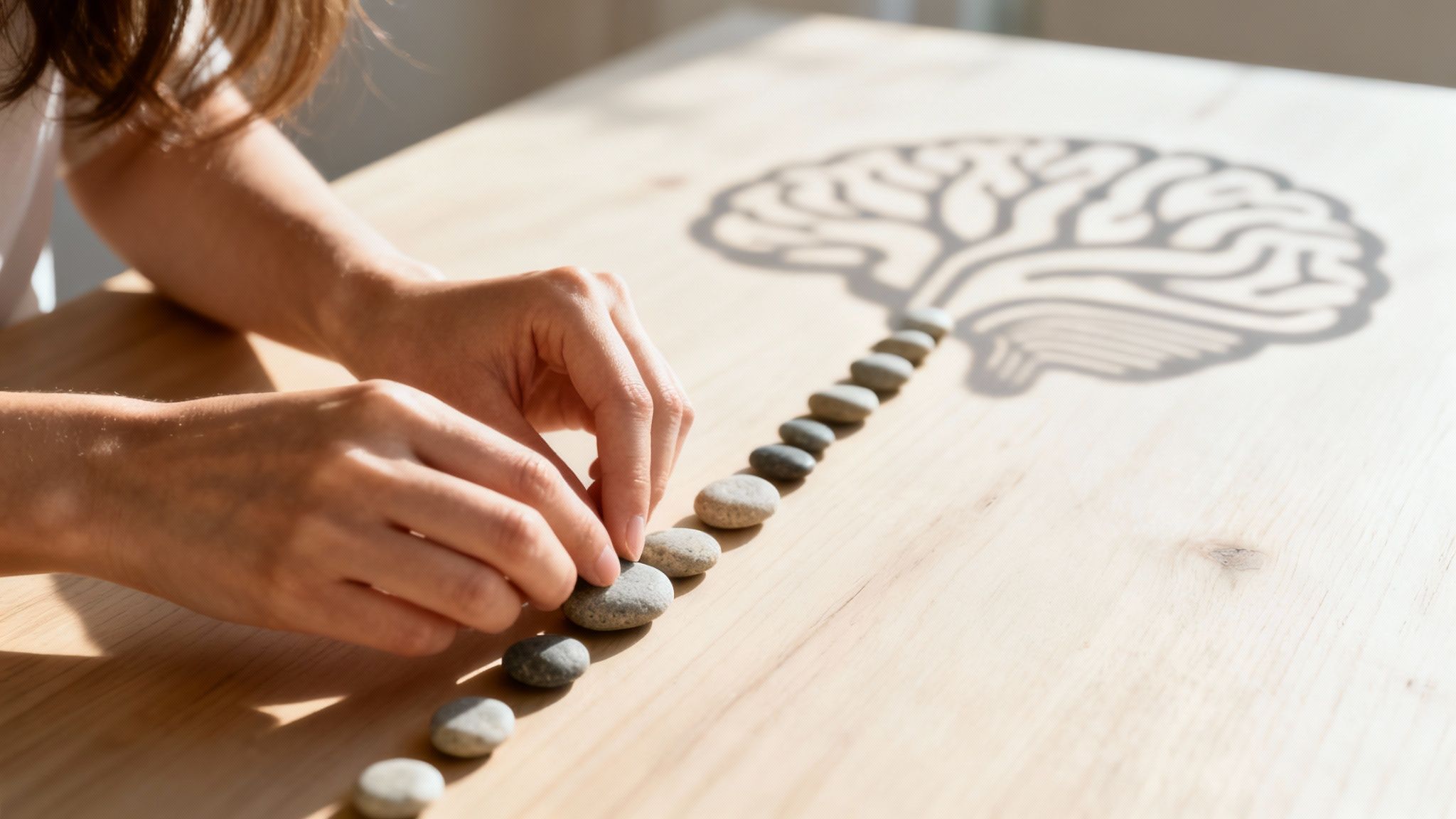 Mains plaçant des galets vers une ombre de cerveau sur une table en bois, symbolisant la clarté mentale et le progrès.