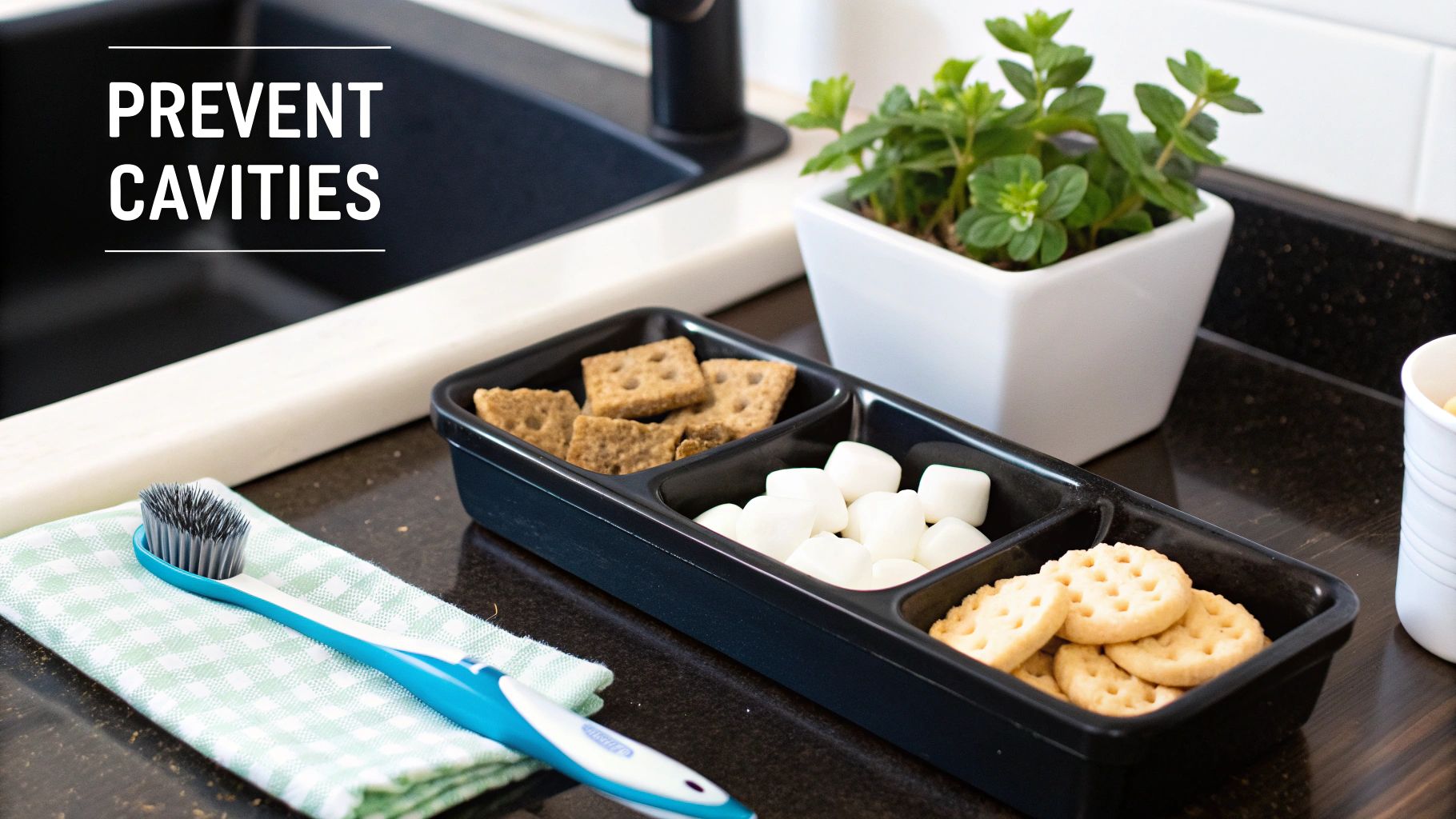 A toothbrush, sweet marshmallows, and crackers on a kitchen counter, promoting cavity prevention.