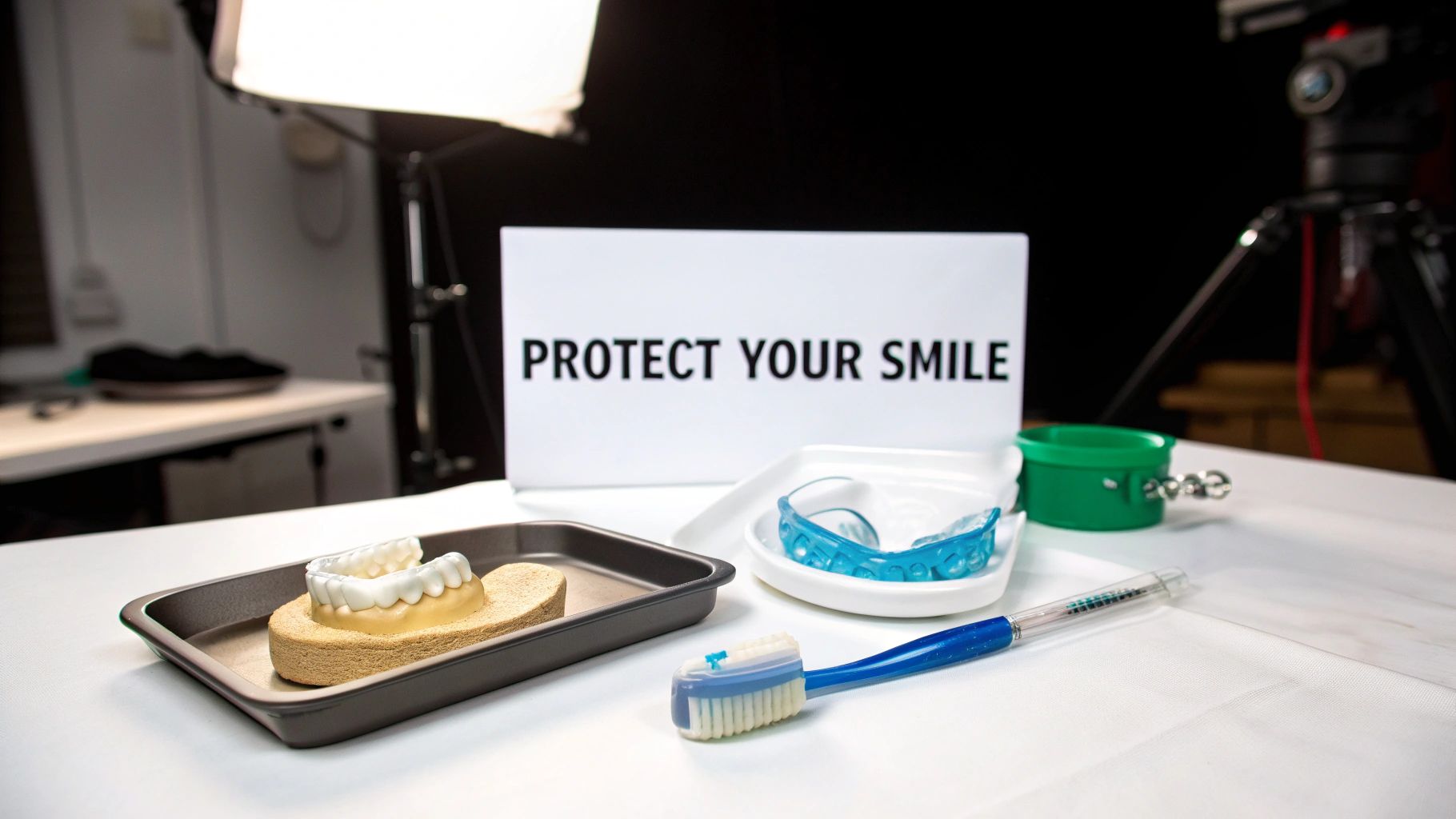 A person wearing a protective mouthguard during a sports activity.