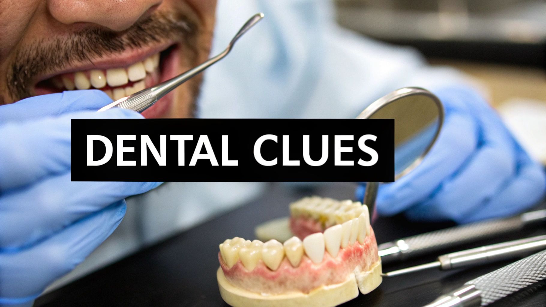 A gloved hand uses dental tools to examine a patient's teeth, alongside a dental model and 'DENTAL CLUES' text.
