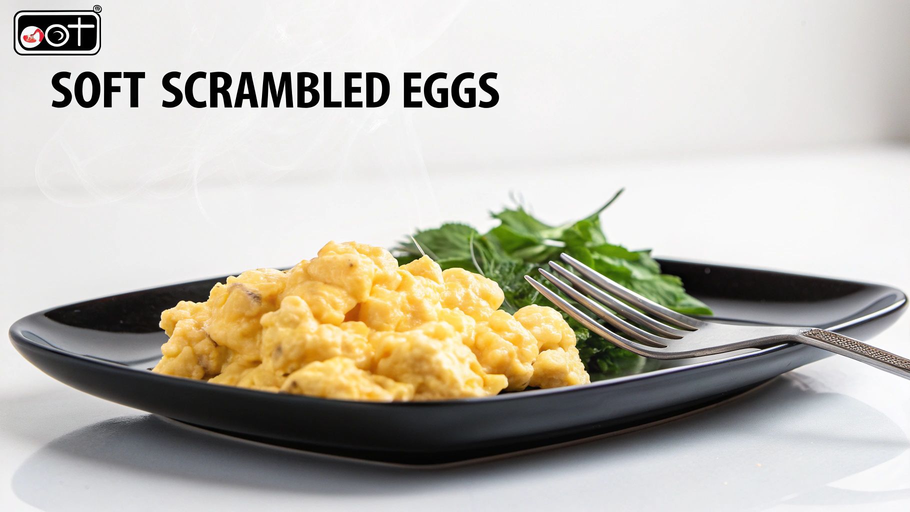 A black plate filled with creamy soft scrambled eggs, fresh green herbs, and a silver fork.