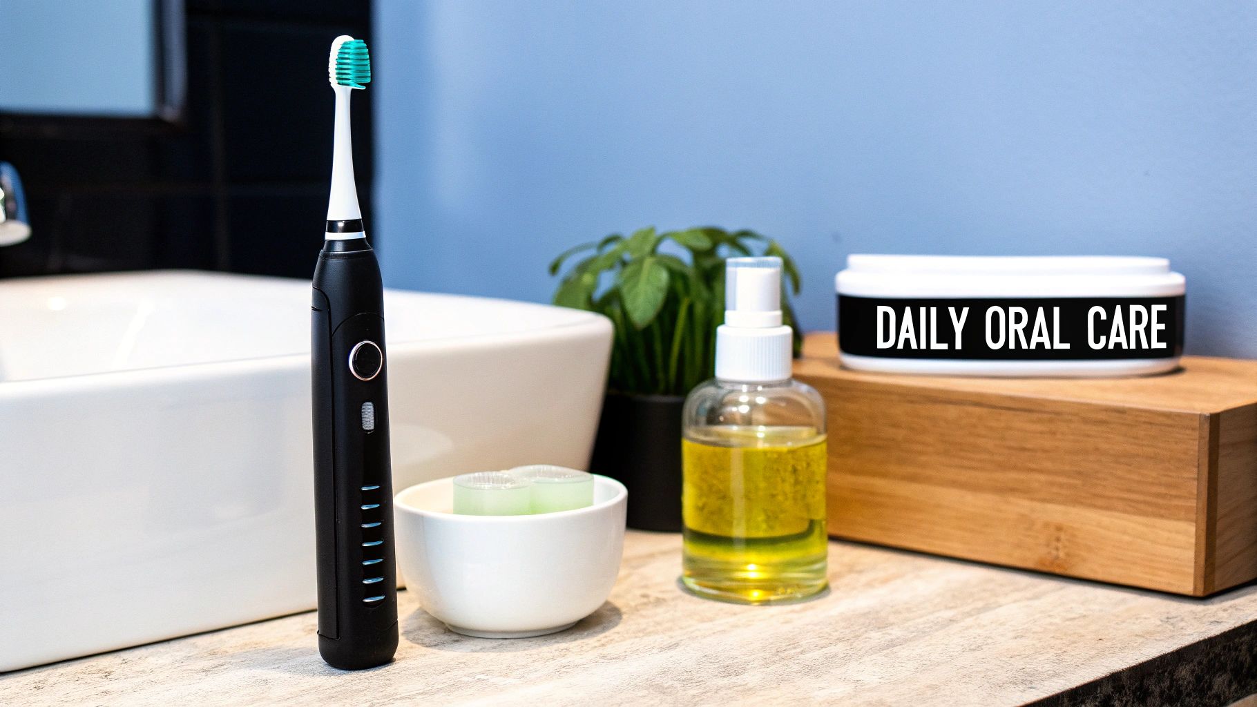 A black electric toothbrush, oral care products, and a 'DAILY ORAL CARE' container on a bathroom counter.