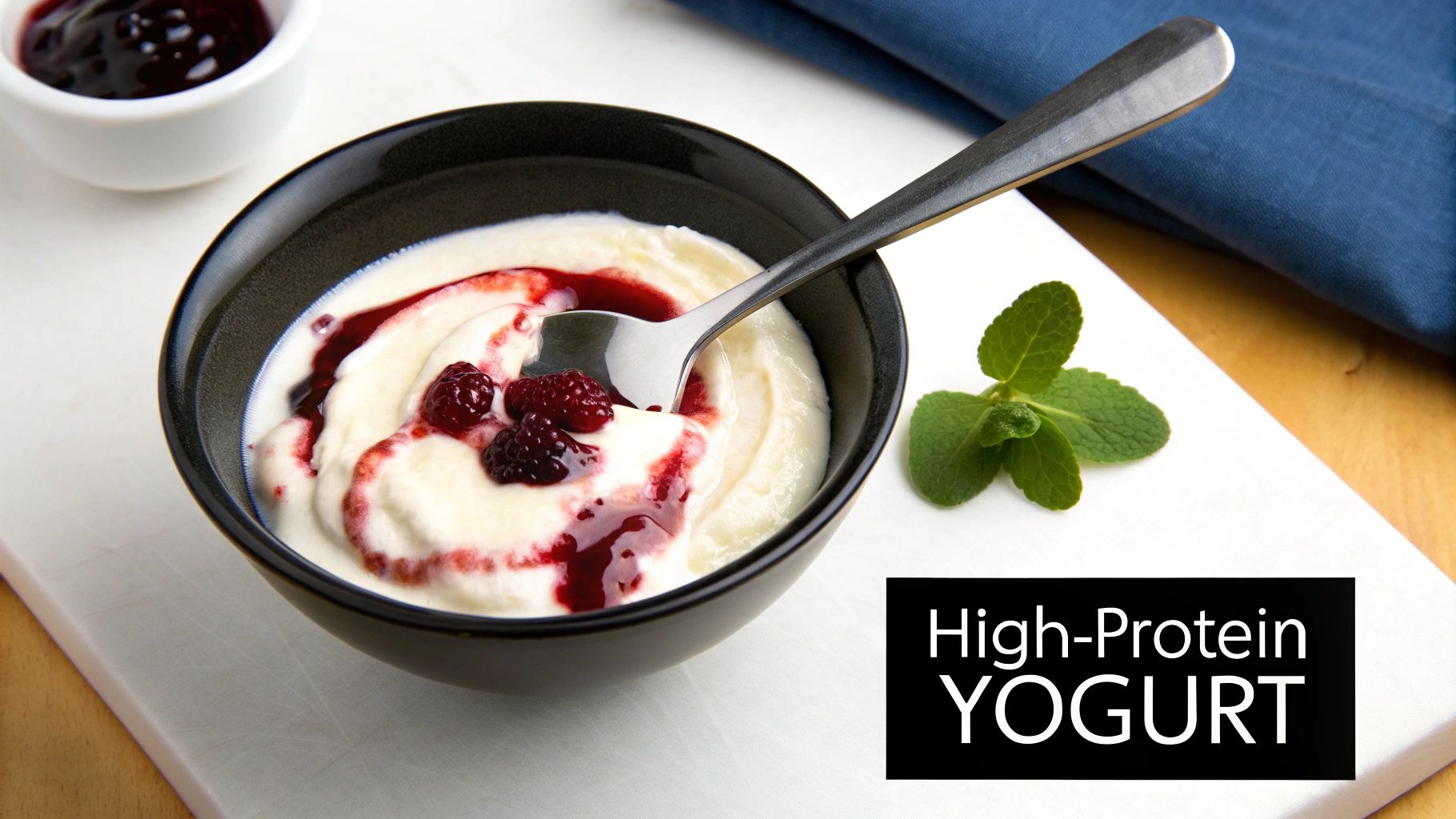 A bowl of high-protein yogurt with raspberry sauce, fresh raspberries, and a spoon.